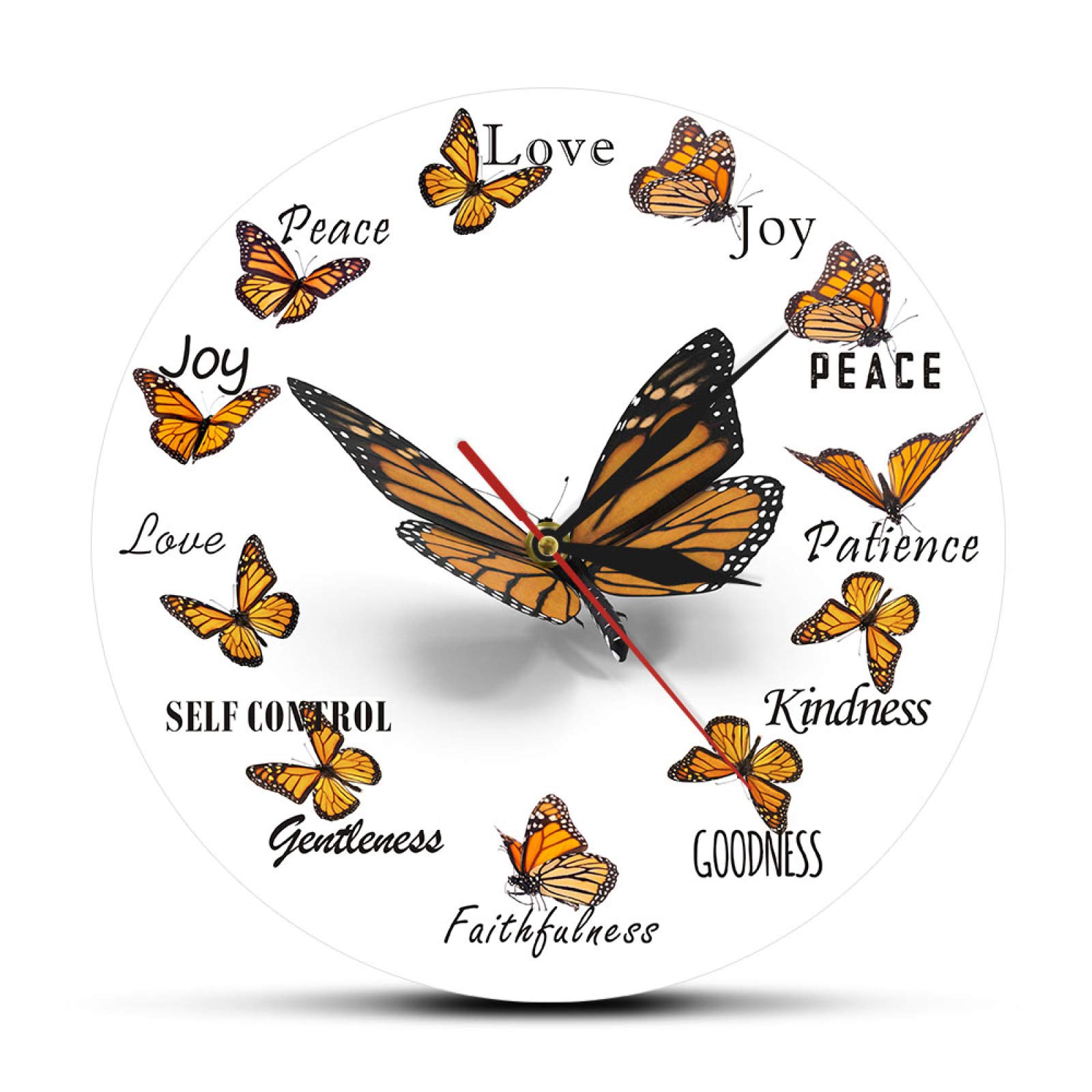 Fruit of The Spirit Christian Wall Clock with Flying Monarch Butterfly - Round Home Decor for Living Room, Bedroom & Office - Perfect Gift for Butterfly Lovers & Faith-Based Decor
