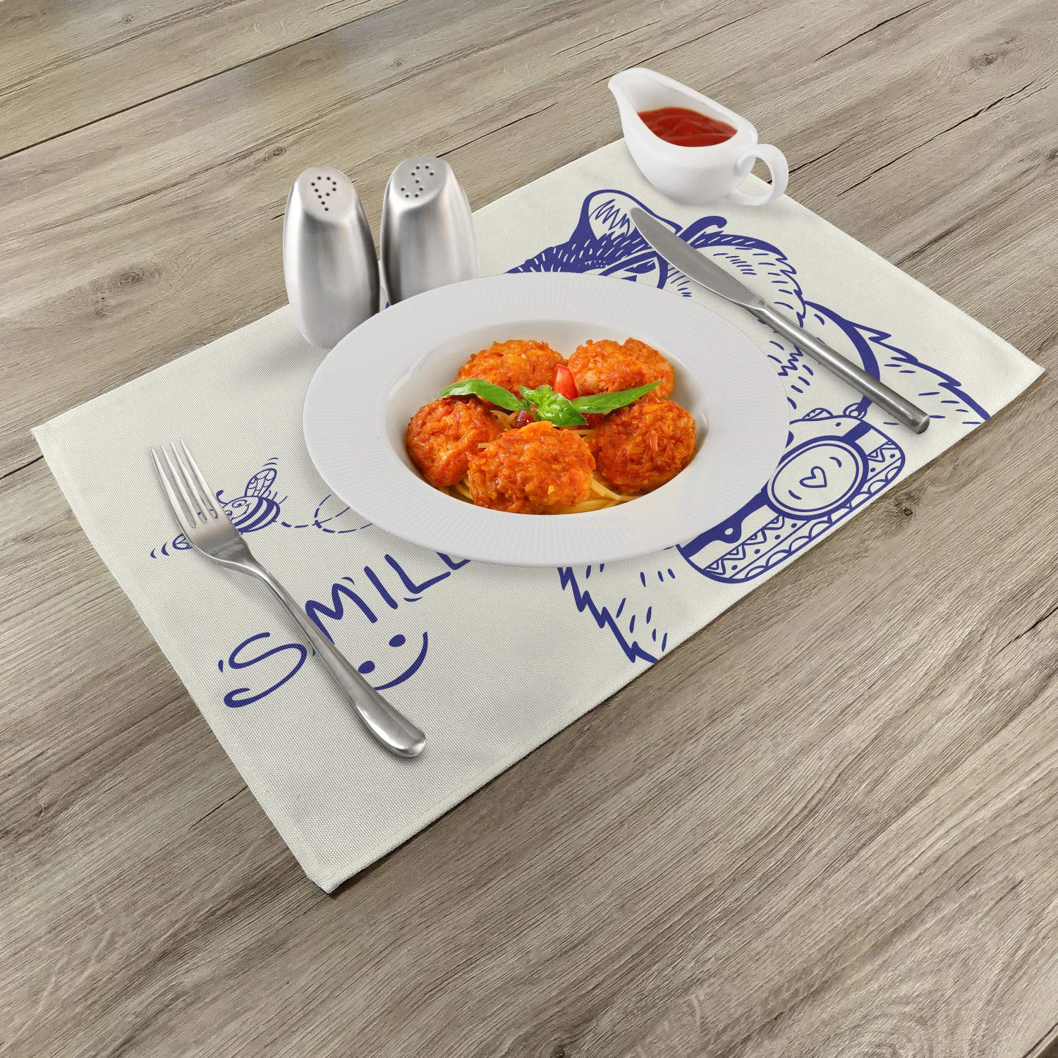 Ambesonne Alaskan Malamute Place Mats Set of 4 - Cartoon Style Puppy with Glasses & Camera Design, Washable Fabric Placemats for Dining Table & Kitchen Decor in Blue & White | Perfect for Family Meals, Dinner Parties & Pet Lover Home Decor