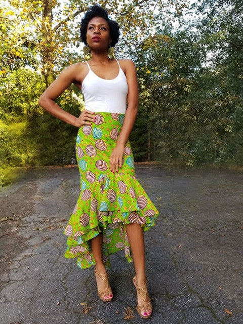 Lime Green African Print High Low Skirt DP3843HL | Vibrant Tribal Pattern Maxi Skirt | Perfect for Beach Vacations, Music Festivals & Boho Fashion