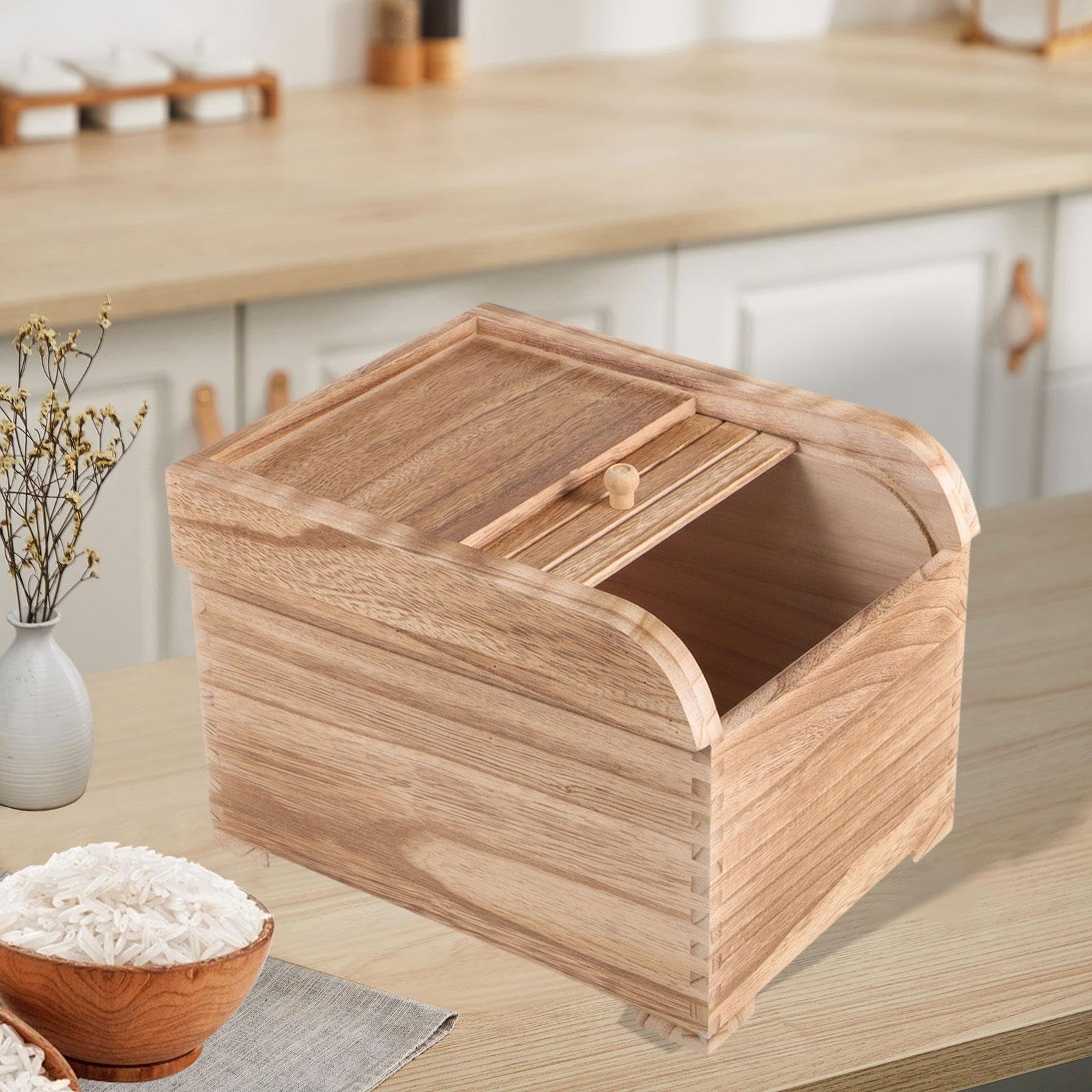 Premium Wooden Rice Storage Container with Sliding Lid - Airtight Food Storage for Cereal, Grains, Flour & Dry Goods - Natural Light Brown Kitchen Organizer for Pantry & Countertop Storage