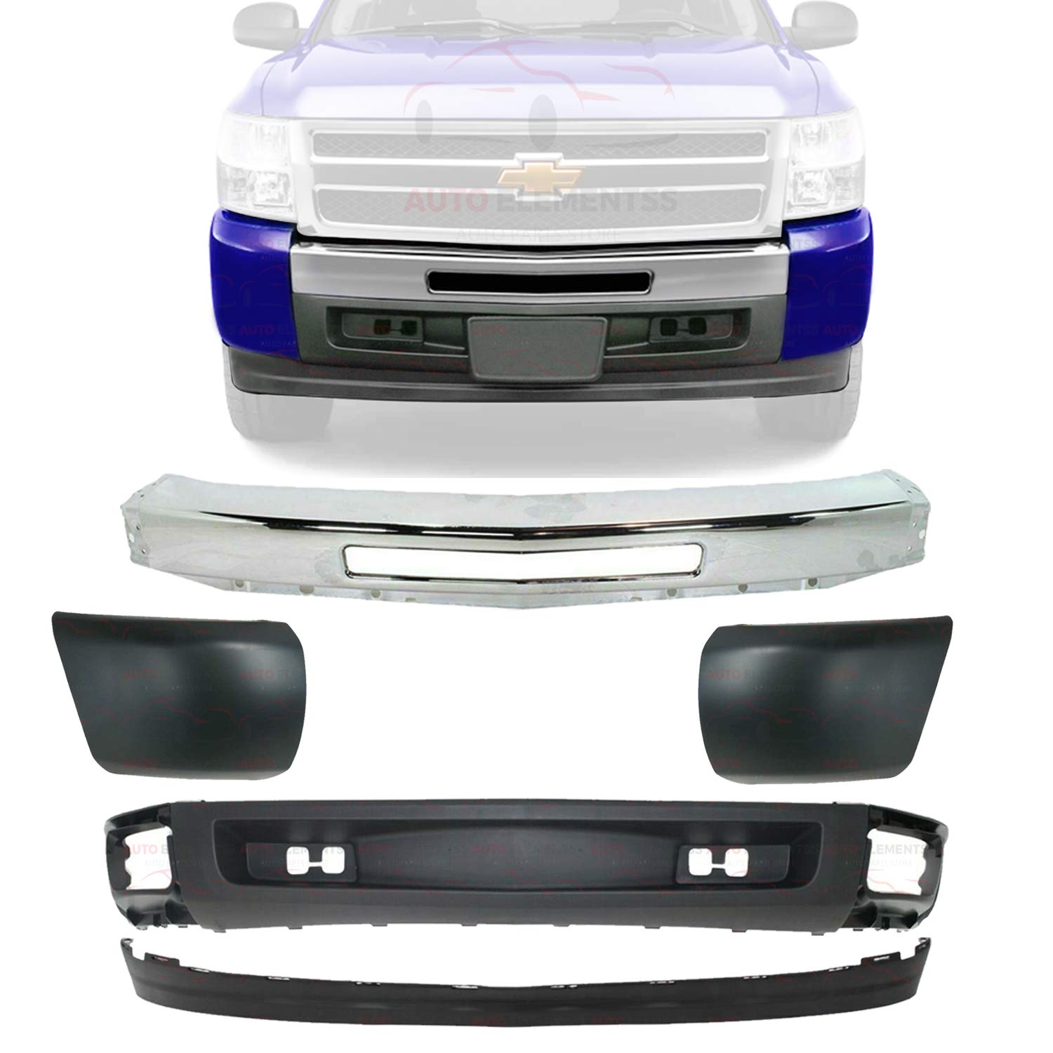 2007-2013 Chevrolet Silverado 1500 Front Bumper Chrome Steel with Lower Valance & Textured Extension - Driver & Passenger Side Bumper Ends (No Fog Light Holes) - Direct Replacement for Enhanced Protection & Style
