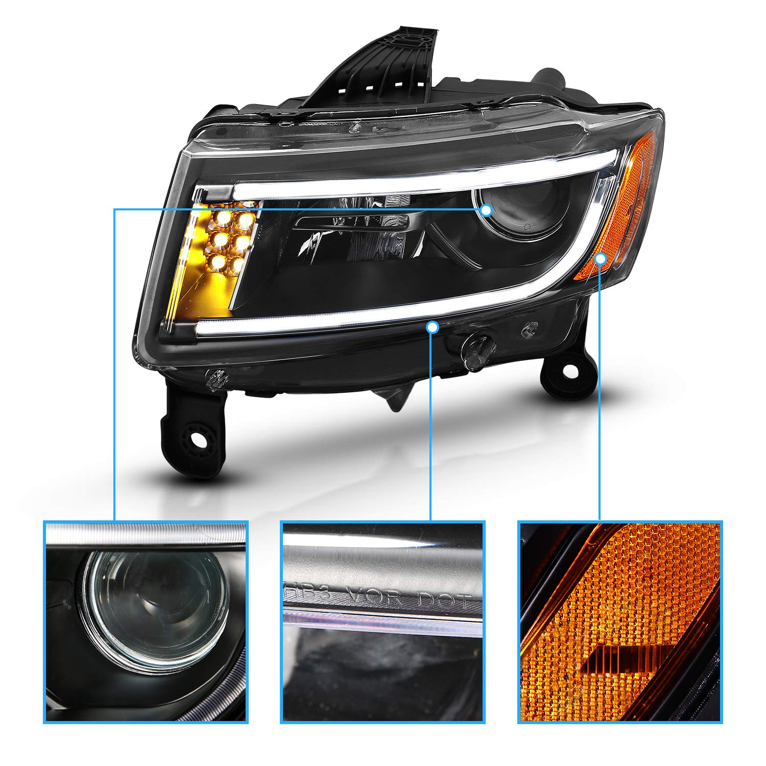AmeriLite LED Headlights for Jeep Grand Cherokee 2014-2016 - Black Housing Projector Halogen SUV Light Assembly with Turn Signal & LED Bar - Perfect for Off-Roading & Night Driving