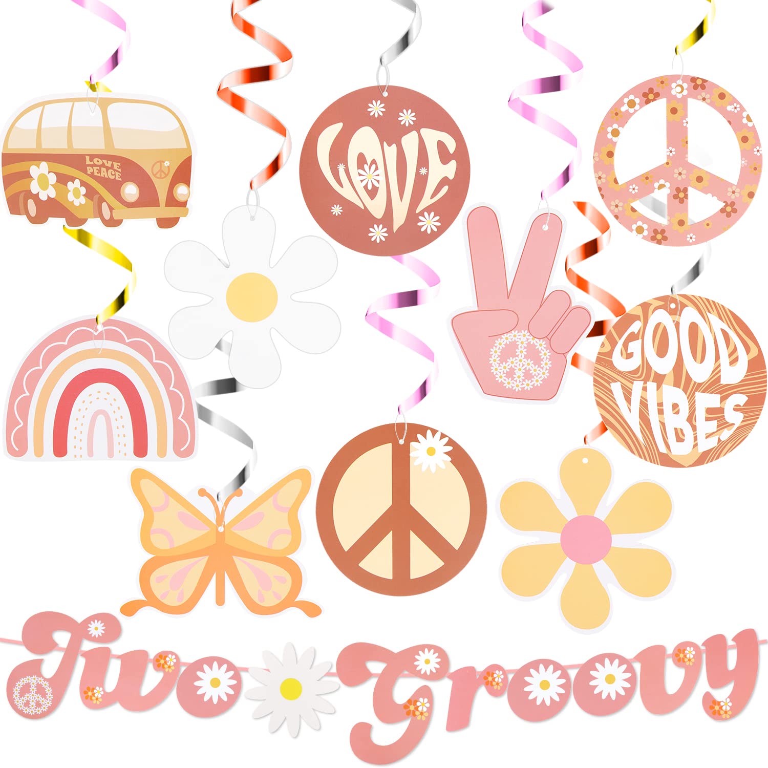 Vintage 60s Boho Hippie Party Decorations - 2 Pack Groovy Swirl Banners & Daisy Glitter Decor for Girls Birthday, Photo Props & Retro Theme Party Supplies | Perfect for 2nd Birthdays, Baby Showers & Hippie Themed Events