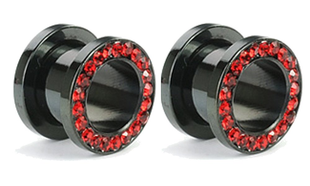 Black Titanium Red Gem Ear Gauges & Tunnels - 10g to 1 Inch Steel Ear Plugs for Stretching - Perfect for Body Jewelry, Piercing Lovers & Alternative Fashion