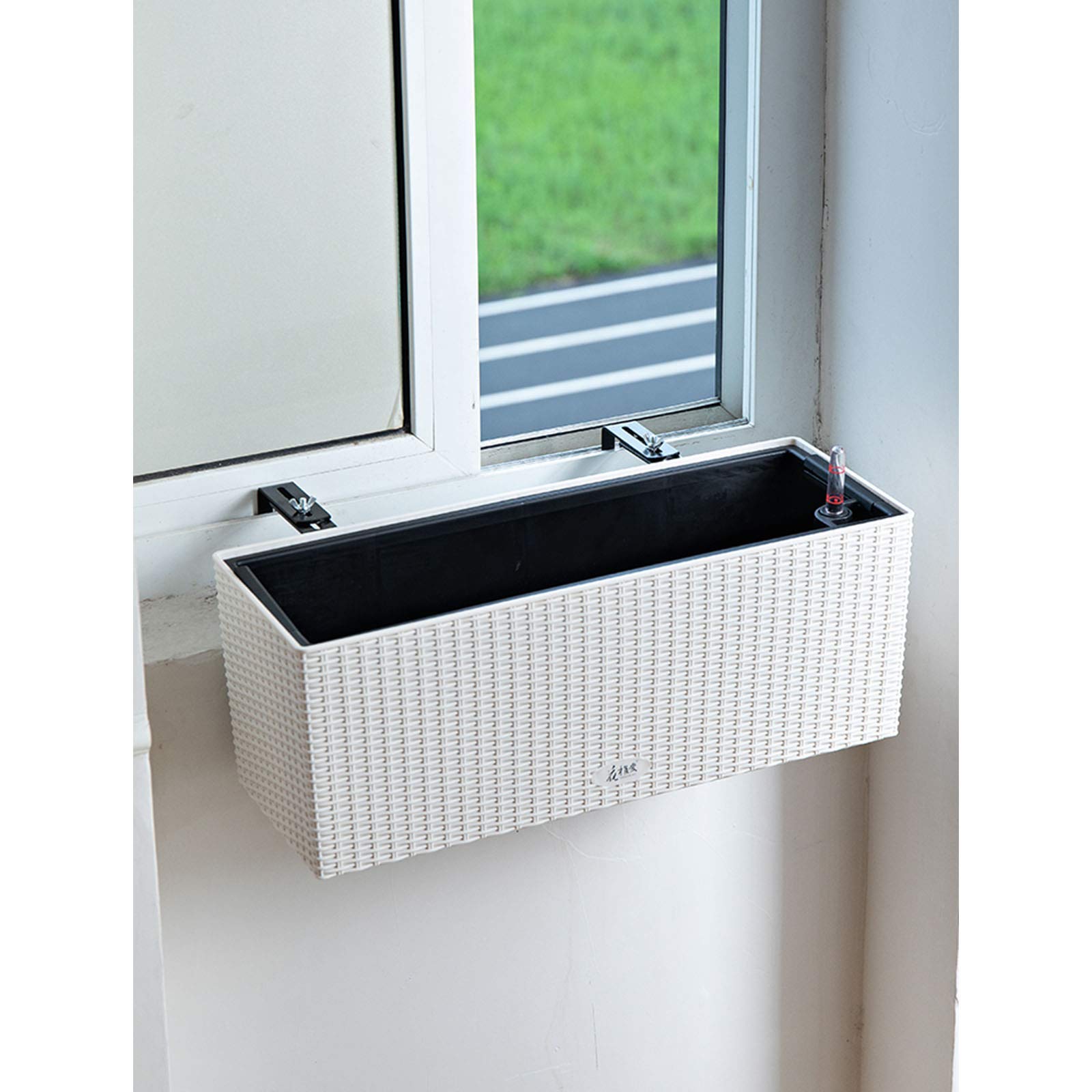 White 50cm Balcony Hanging Rattan Planters - Wicker Railing Planter with Zinc Pots, Hanging Window Box for Outdoor Flowers & Plants | Perfect for Deck, Patio & Garden Decor