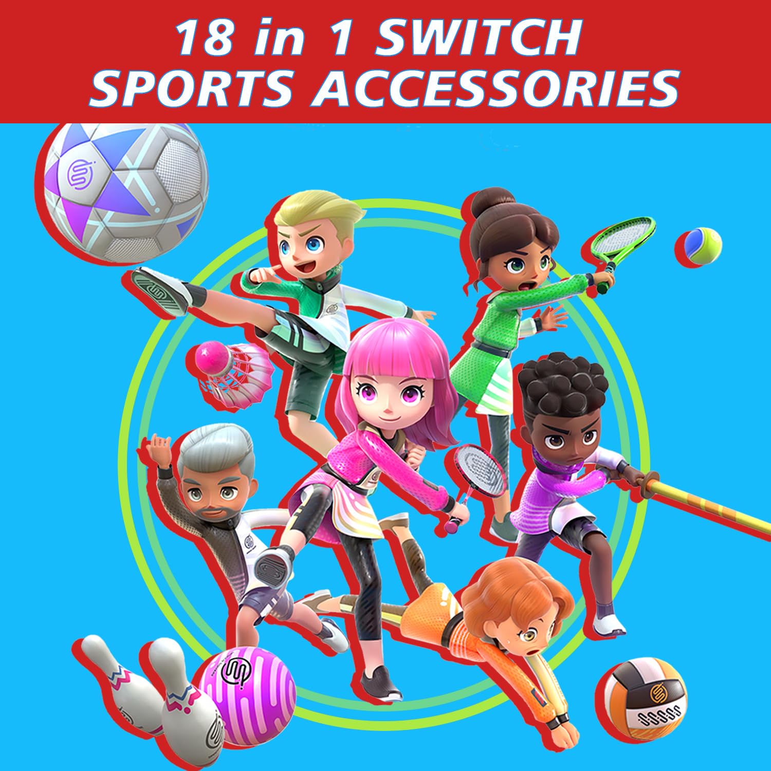 Nintendo Switch Sports Accessories Bundle - 18-in-1 Family Game Kit for Switch & Switch OLED with Tennis Rackets, Golf Club & More | Perfect for Family Game Nights & Multiplayer Fun