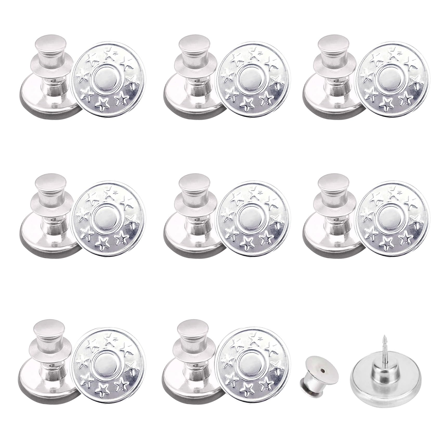8-Piece No-Sew Jean Button Pins - Reusable & Adjustable Replacement Buttons for Loose Pants & Jeans (Instant Fix Without Tools) - Perfect for DIY Clothing Repair, Denim Upcycling & Emergency Wardrobe Fixes
