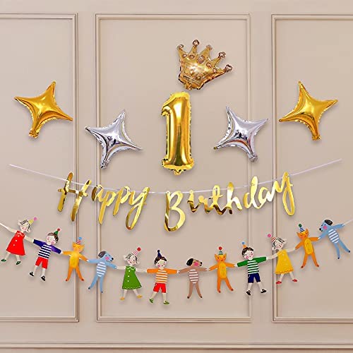 Royal Princess & Prince Birthday Balloon Decorations Kit - Gold Birthday Banner, Hand-Holding Banner, Crown Balloon, Number Balloon, Gold & Silver Star Balloons for Kids Birthday Party Decor, Baby Shower, Gender Reveal Celebration
