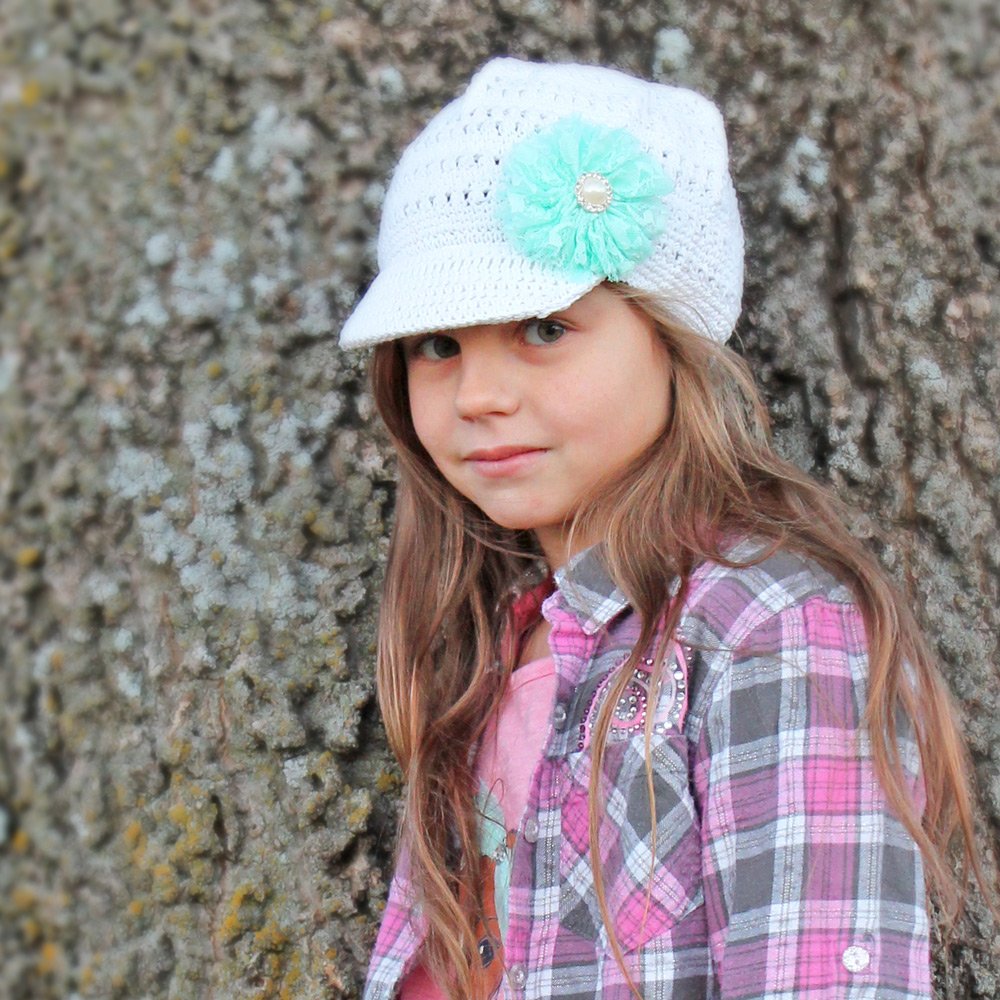 Vintage Lace Crochet Beanie Hat for Girls - Newsboy Style with Tulle Flower - Perfect for Winter, Holidays & Photo Shoots