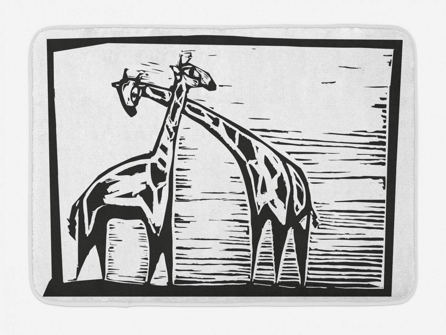 Ambesonne Non-Slip Giraffe Bath Mat - Woodcut Style African Animal Sketch, Charcoal Grey & White Plush Bathroom Rug, 30.2
