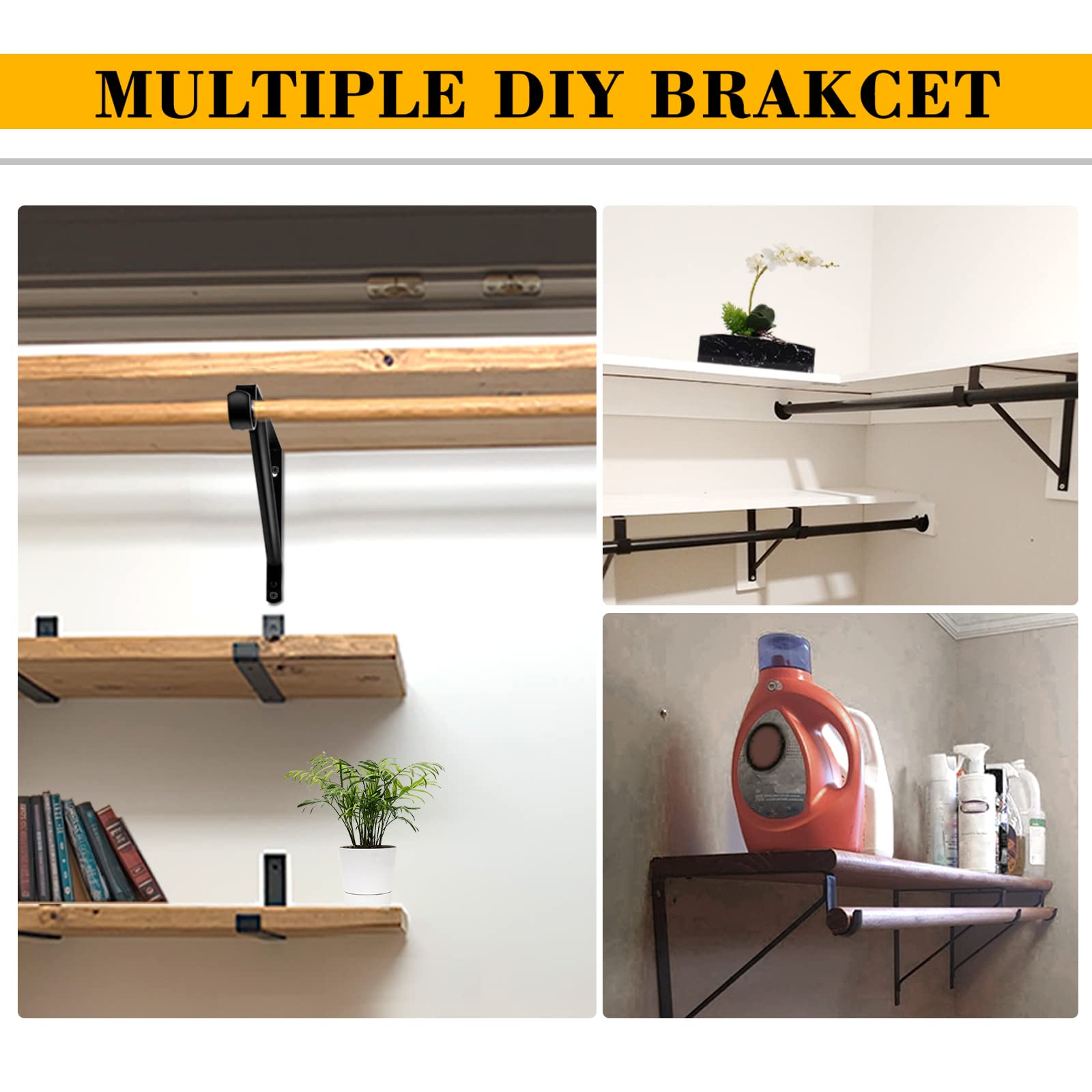 Heavy Duty Closet Rod Bracket - 2 Pack Black Wall Mounted Shelf Bracket with Clothes Hanger Pole Support (10.9x10.2 Inch) - Perfect for Bedroom, Closet Organization & Wardrobe Storage