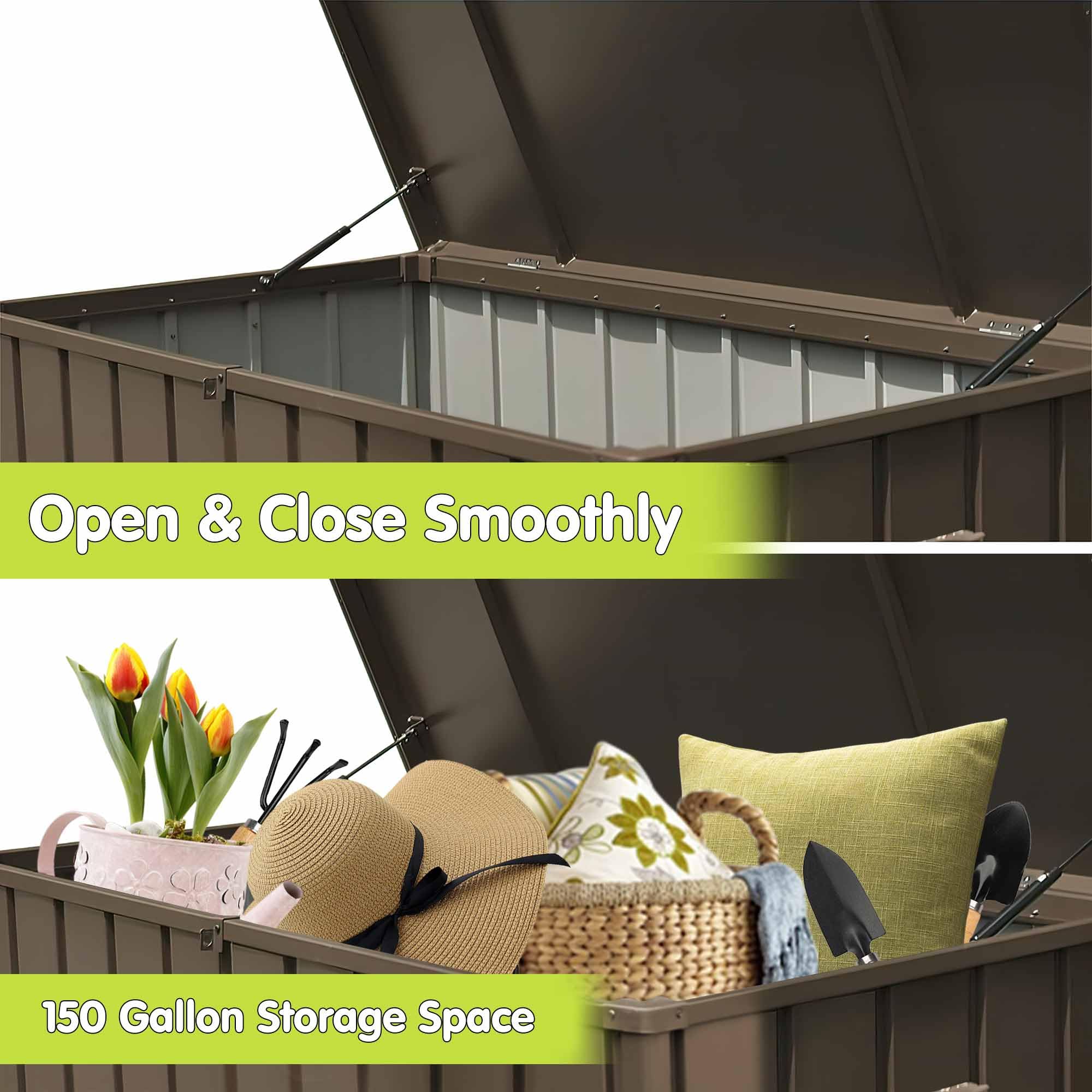 WIIS' IDEA 150 Gallon Outdoor Storage Deck Box with Lockable Lid & Wheels - Waterproof Large Patio Furniture Storage Container for Garden Tools, Pool Supplies, Cushions & Outdoor Equipment (Brown) - Perfect for Backyard, Deck, Poolside & Garage Organization