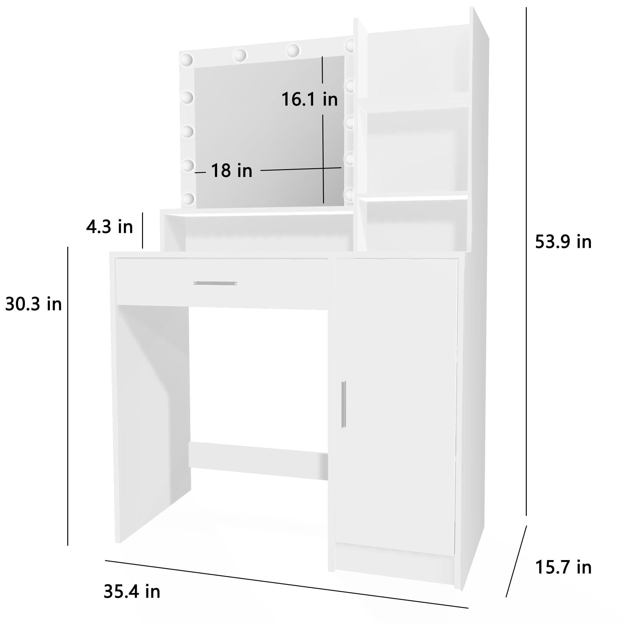 Vanity Desk with Mirror and LED Lights - Large Drawer & 3-Tier Storage Dresser - 3 Adjustable Lighting Modes & Brightness - White Bedroom Dressing Table for Makeup, Skincare & Jewelry Organization