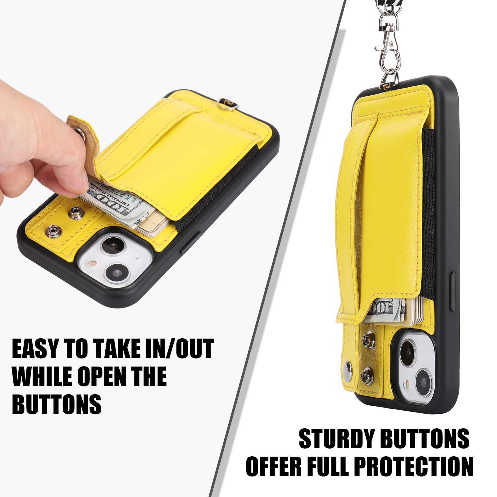 TOOVREN iPhone 13 Wallet Case with Card Holder & Stand - PU Leather Protective Phone Cover with Lanyard for Women & Men (6.1 Inch, Yellow) - Perfect for Travel, Shopping & Everyday Use
