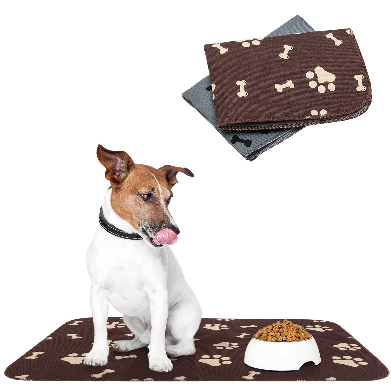 SCENEREAL 2 Pack Waterproof Dog Food Mat - Absorbent Pet Feeding Mat for Dogs & Cats, Non-Slip Bowl Mat with Paw Pattern - Washable Floor Protector for Puppy & Kitten Mealtime, Kitchen or Crate Use