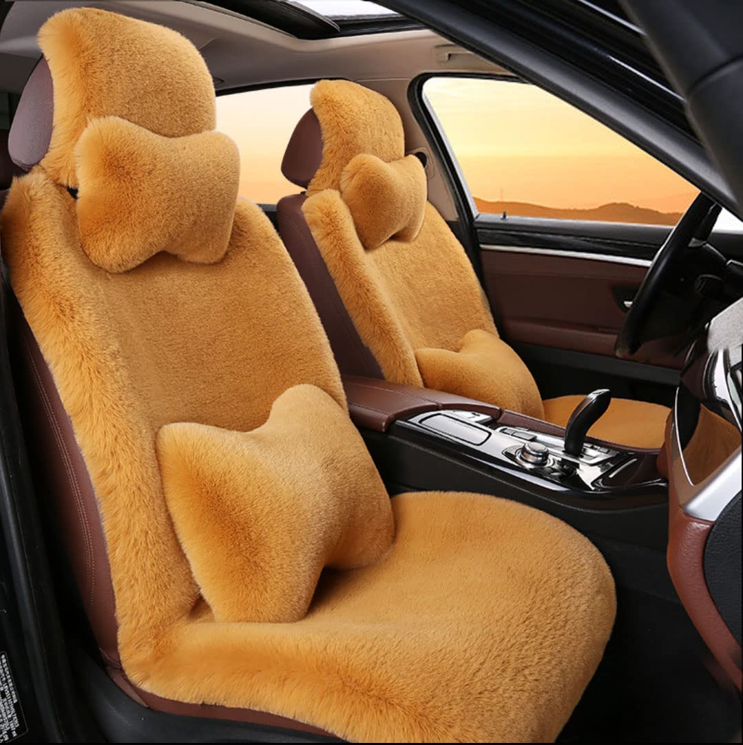 Premium Universal Faux Rabbit Fur Car Seat Covers - Warm Fluffy 2-Piece Set with Pillows (Light Brown) | Fits Nissan, SUV, Trucks & Most Vehicles | Winter Comfort & Luxury Interior Upgrade