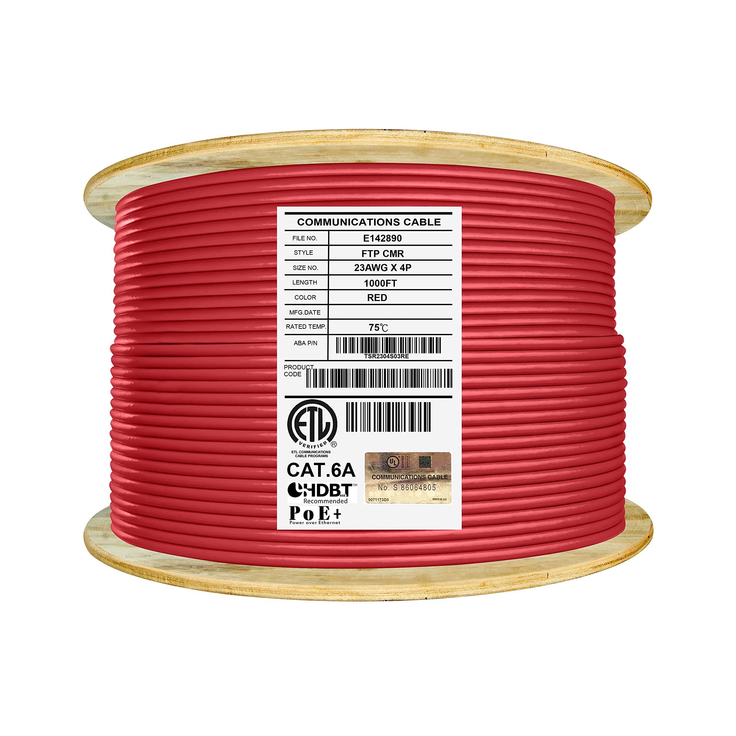 Premium Cat6A Shielded Riser (CMR) Ethernet Cable - 1000ft, 23AWG FTP Solid Bare Copper, 650MHz, 10Gbps Speed, UL Listed & UL-LP Certified - High Performance PoE Bulk Cable Reel (Red) - Ideal for Office Networks, Data Centers & High-Speed Internet Installations