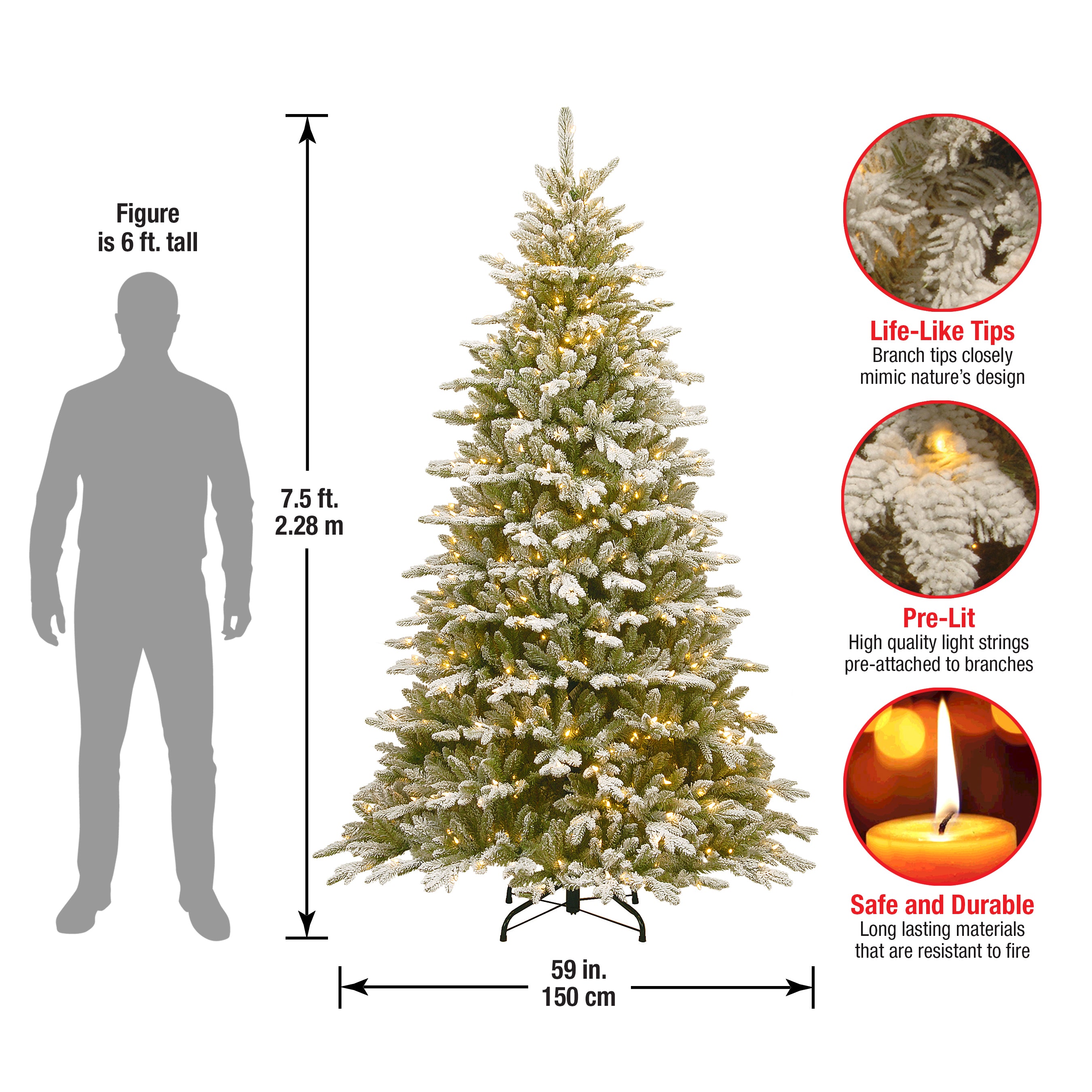 7.5 ft Pre-Lit Snowy Sierra Spruce Christmas Tree with 500 Clear LED Lights - Perfect for Living Room, Office & Holiday Decorations