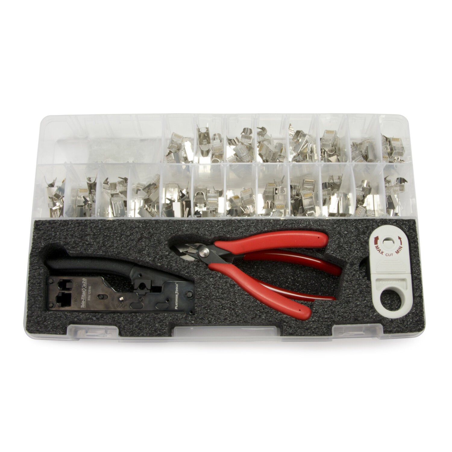 Platinum Tools 90180 Tele TitanXg RJ45 Termination Kit with Deluxe Installation Tools - Standard Ethernet Connectors, Plastic Storage Case - Perfect for Network Cabling & IT Installations