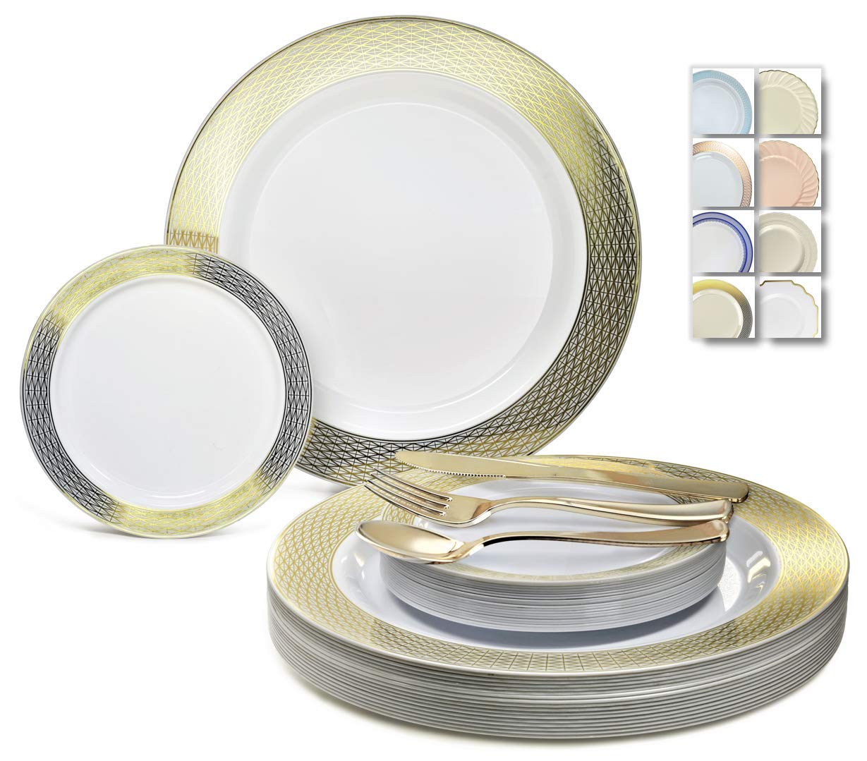 600 Pcs Wedding Disposable Plastic Plate & Silverware Combo Set - Diamond White & Gold Plates with Gold Silverware for 120 Guests | Elegant Party, Bridal Shower, Banquet & Special Occasion Tableware