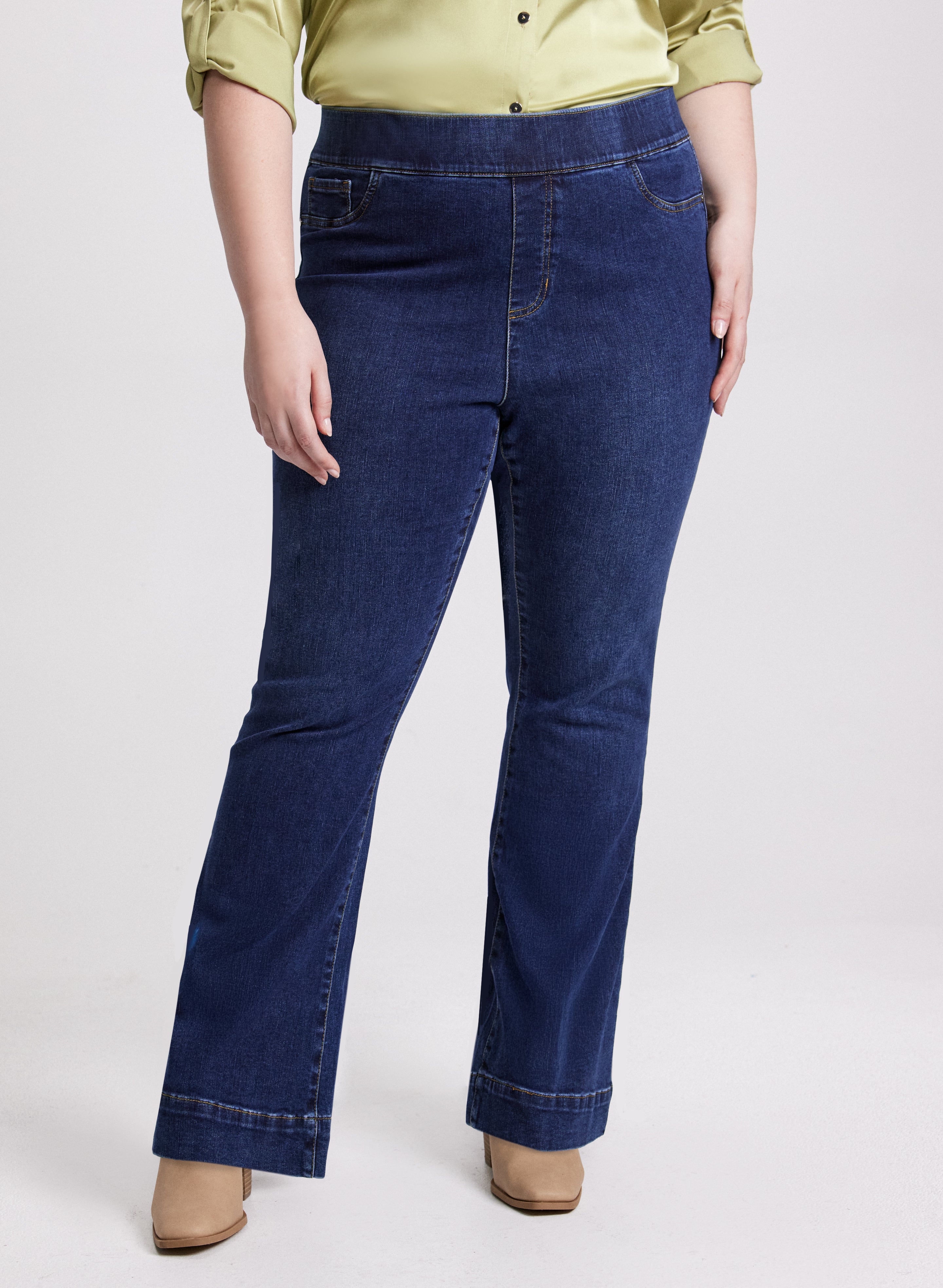 Flare Leg Pull On Jeans for Women - Stretchy High Waist Bootcut Denim Pants - Perfect for Casual Wear, Office & Date Night