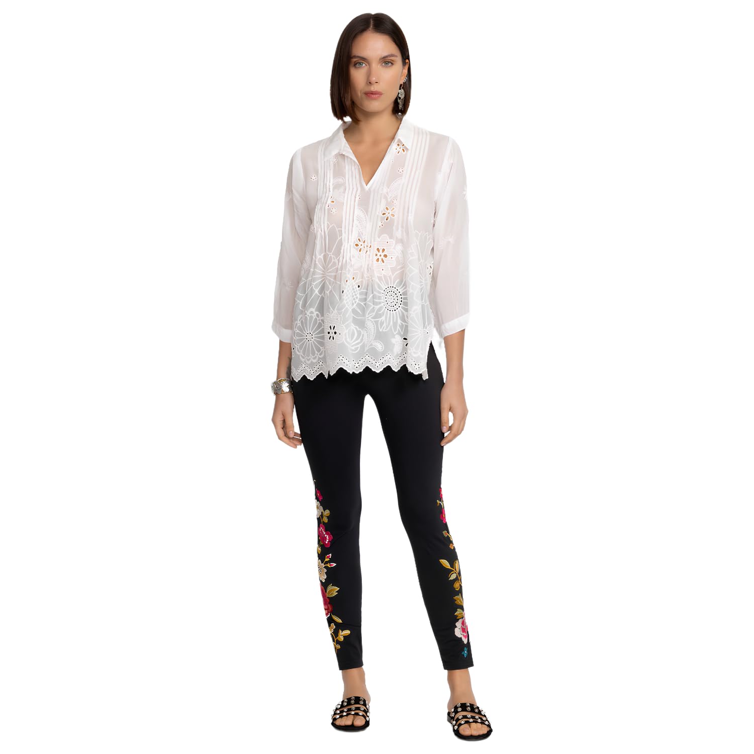 Johnny Was Celina Embroidered Cotton Leggings - Black Floral Print Women's Pants, Small | Boho Chic Yoga Pants for Women, Casual Wear & Lounge