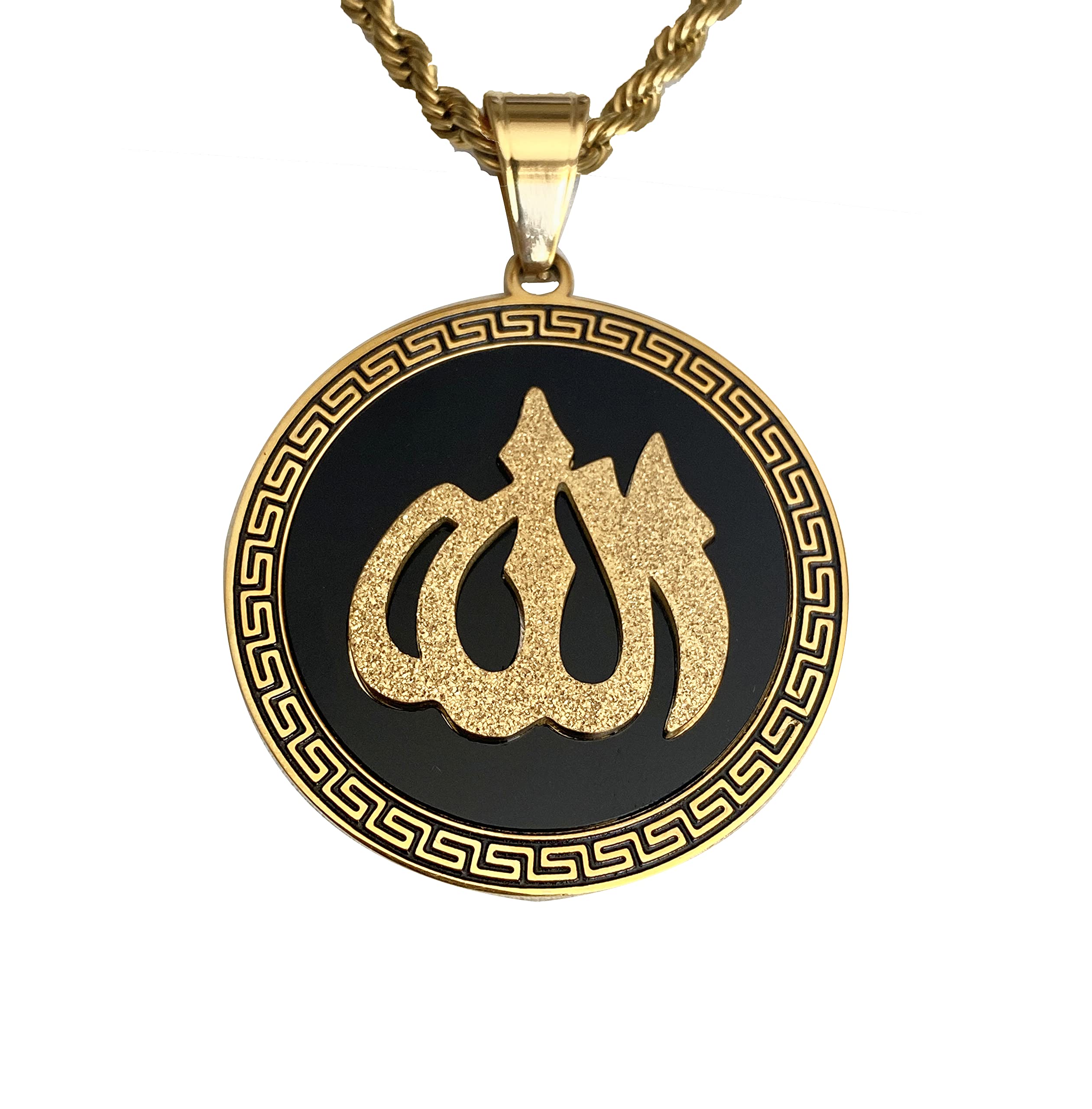 Islamic Allah Pendant Necklace for Men & Women - 14K Gold Finish Stainless Steel Chain with Black Enamel - 3mm Rope Chain Necklace - Muslim Jewelry for Daily Wear & Special Occasions