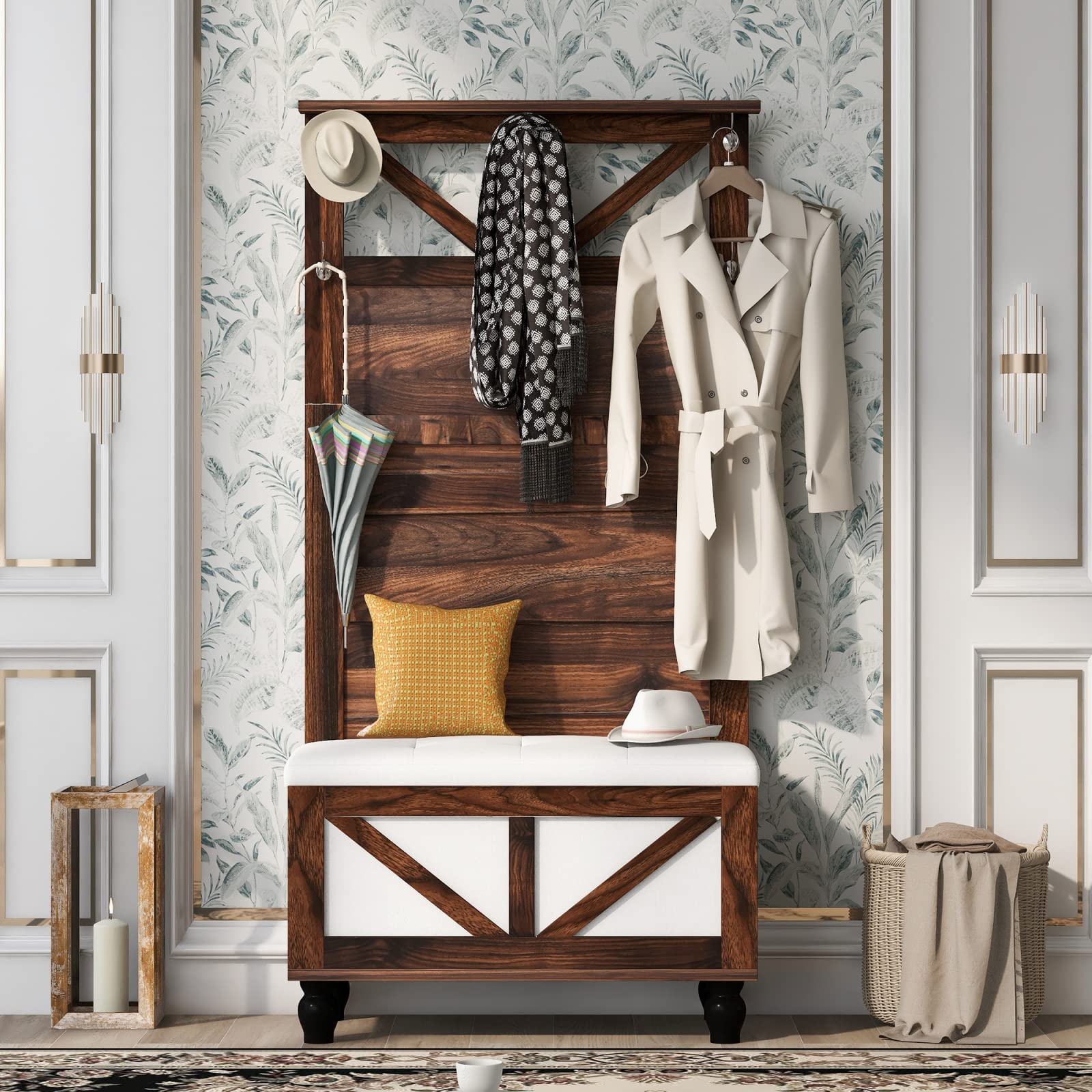 Takefuns 3-in-1 Wooden Hall Tree Storage Bench with 5 Hooks - Entryway Coat Rack, Shoe Storage & Seating Bench for Living Room, Hallway, Mudroom - Perfect for Organizing Shoes, Hats & Outdoor Gear