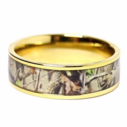 2pc Gold Plated Camo Ring Set for Women - Cubic Zirconia Wedding Band Pair - Military Style Matching Couple Rings - Perfect for Outdoor Weddings, Anniversaries & Everyday Wear