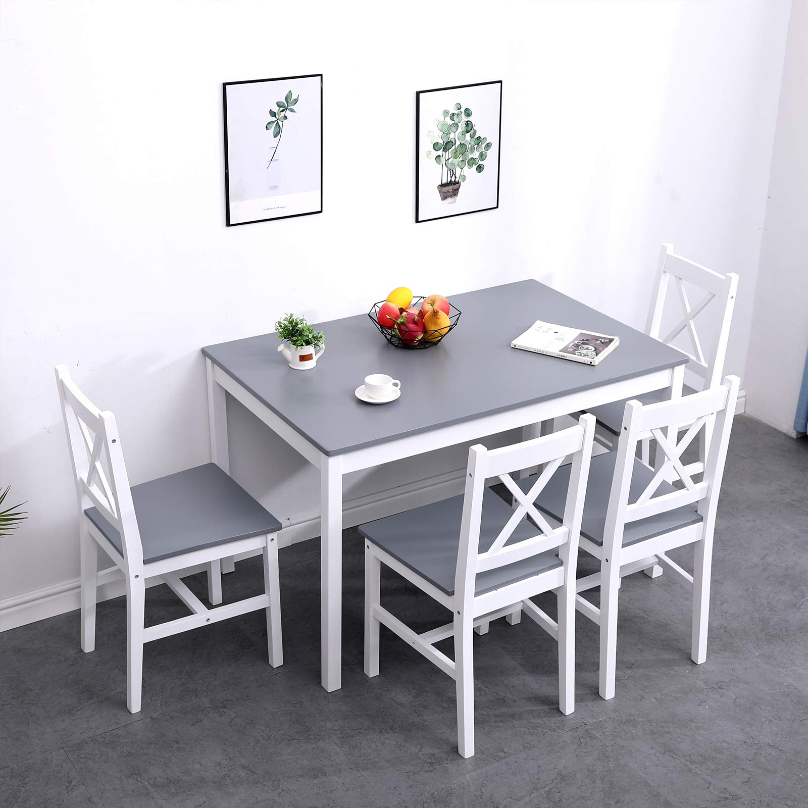 DlandHome 5-Piece Pine Wood Dining Table Set with 4 Chairs - Rustic Kitchen & Dining Room Furniture for Home, Office, or Small Space (BSB-023)