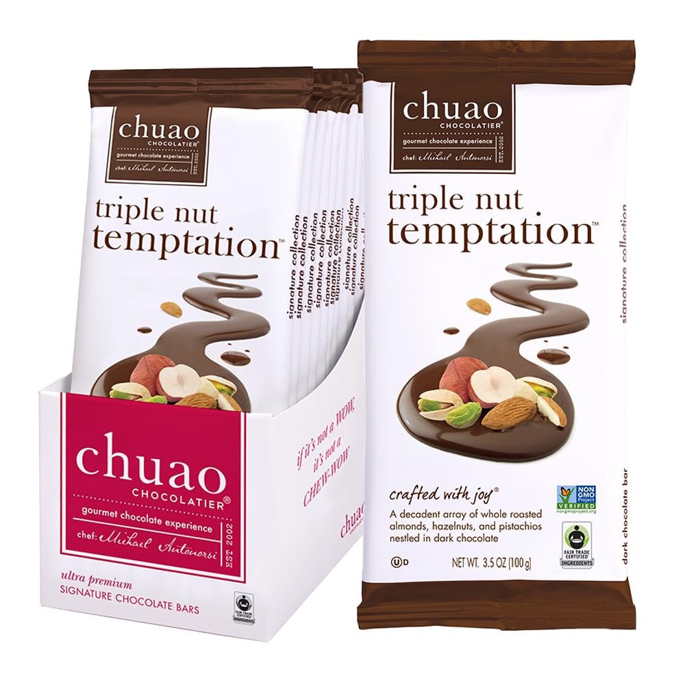 Chuao Chocolatier Triple Nut Temptation Dark Chocolate Bars - Gourmet 70% Cocoa Snacks - 10 Pack (2.8oz Each) - Perfect for Gift Baskets, Birthdays, Thank You Gifts & Care Packages - Ideal for Holiday Parties, Office Treats & Chocolate Lovers