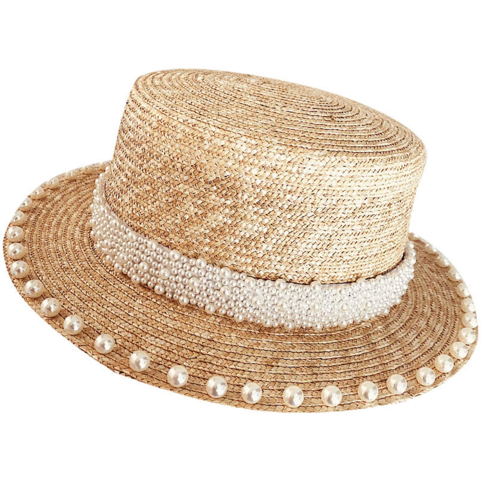 British Style Women's Stylish Straw Fedora Hat with Elegant Pearl - Vintage Beach Sun Hat for Outdoor Activities, Summer Vacations, and Fashion Events