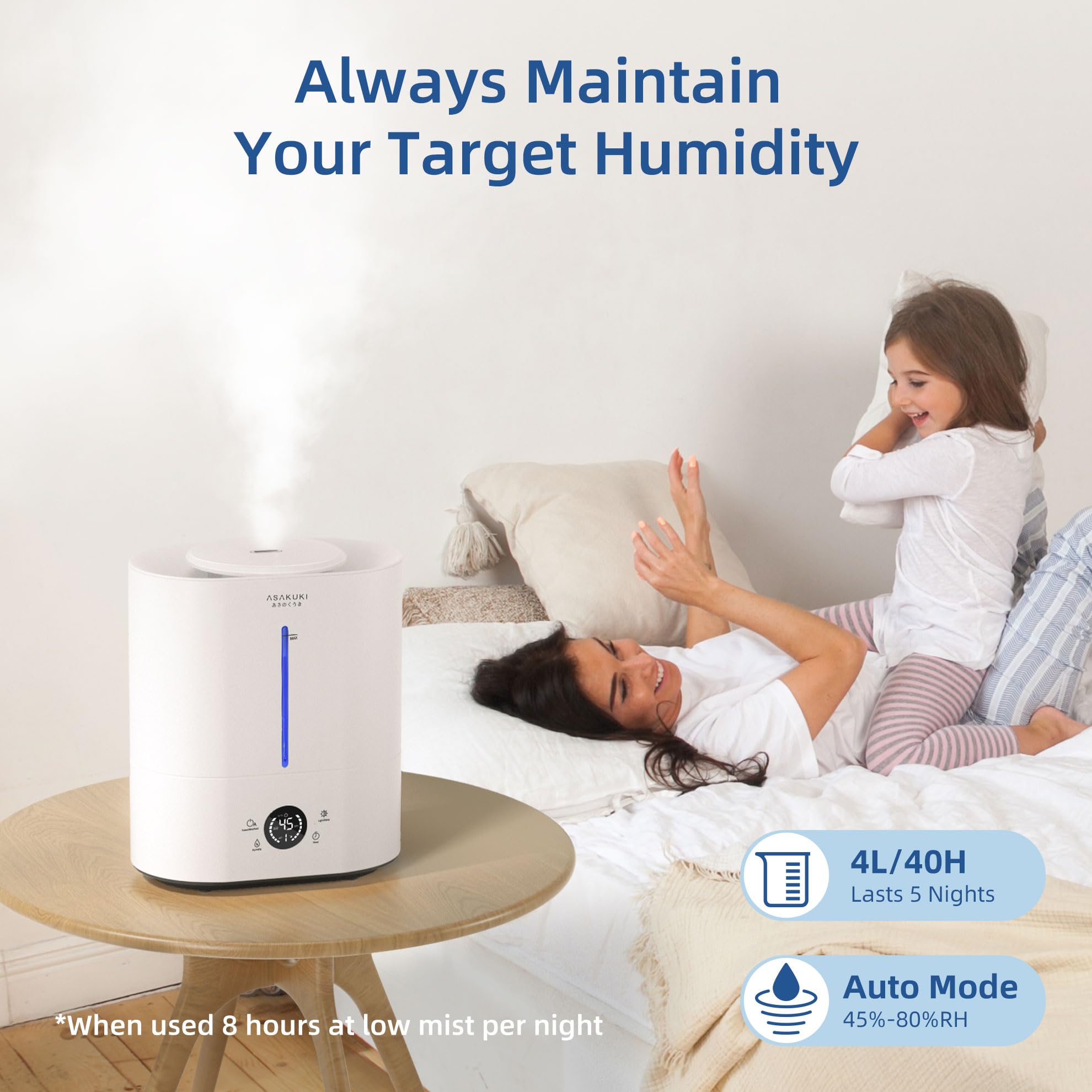 ASAKUKI 4L Cool Mist Humidifier with LED Display & Essential Oil Diffuser - Top Fill Ultrasonic Air Humidifier for Large Bedrooms, Baby Nursery, Kids Room & Plants - Quiet Operation with Humidity Control & Sleep Mode - Perfect for Dry Air Relief, Better Sleep & Plant Care (White)