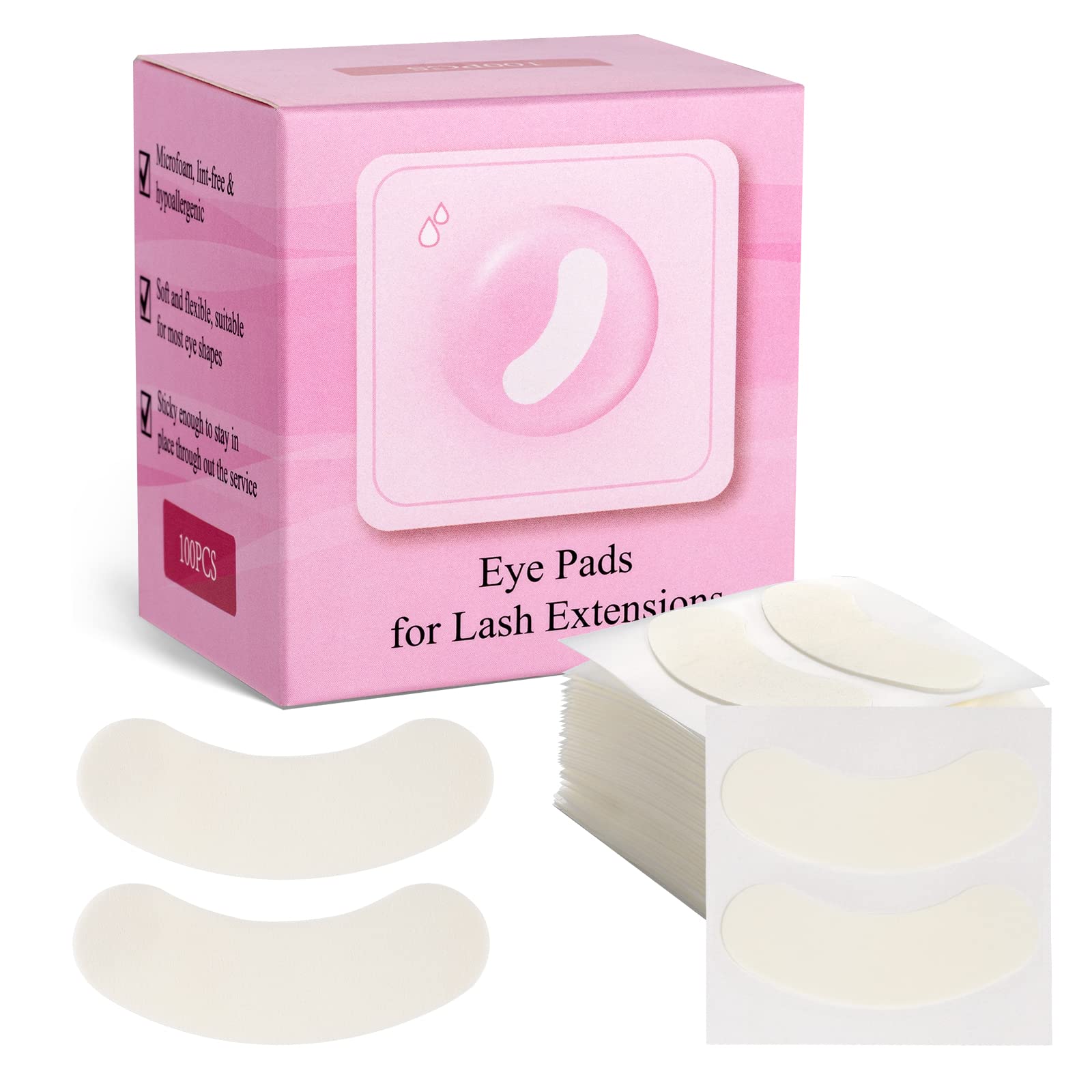 100 PCS Hypoallergenic Foam Eye Pads for Lash Extensions - Lint-Free, No Tape Needed, Stays in Place - Perfect for Eyelash Extension Application & Salon Use