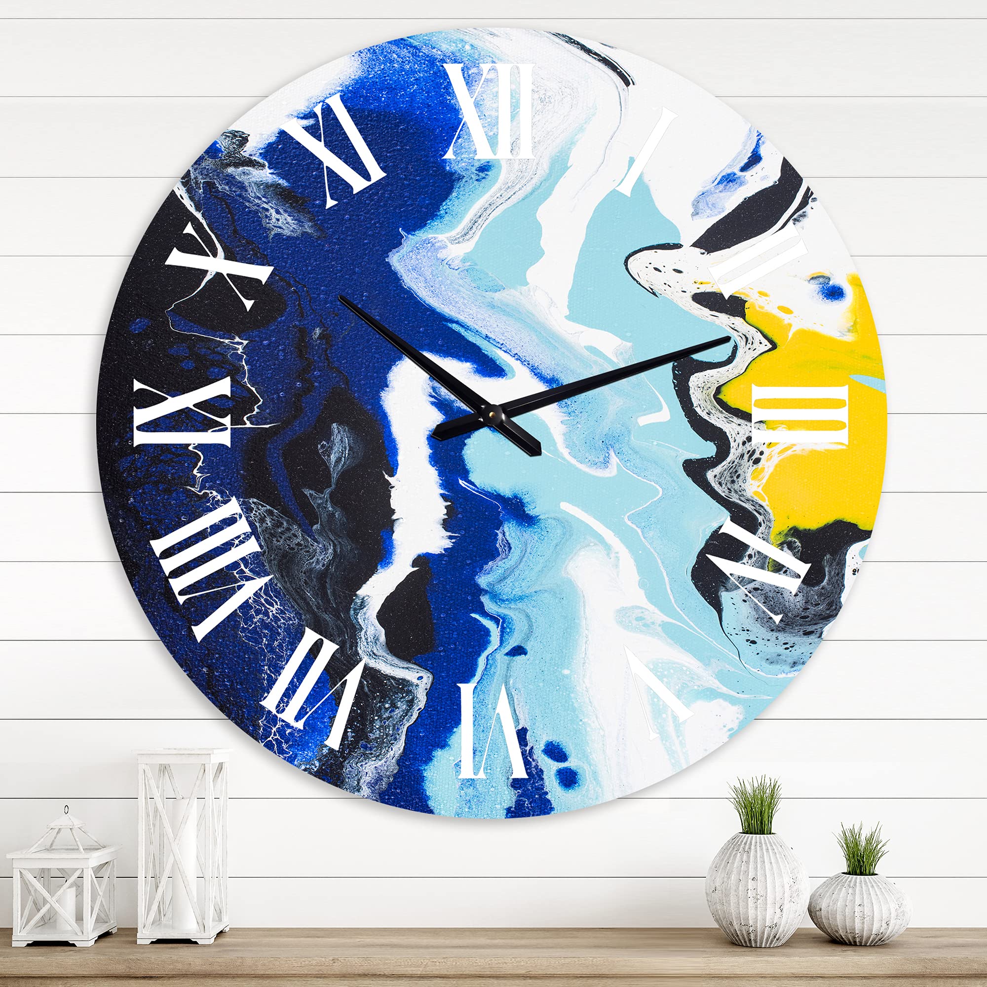 DesignQ Modern Abstract Yellow and Blue Waves Fractal Wall Clock - Large Decorative Clock for Bedroom, Living Room & Office - Perfect for Home & Office Décor