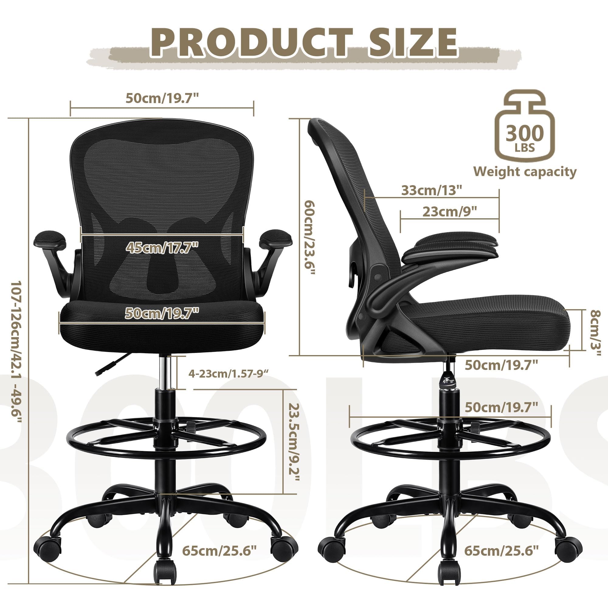 Ergonomic Drafting Chair - Adjustable Height Office Chair with Lumbar Support, Swivel & Rolling Base, Flip-Up Armrests & Foot Ring for Standing Desk - Black | Perfect for Architects, Artists, Home Office & Computer Workstations