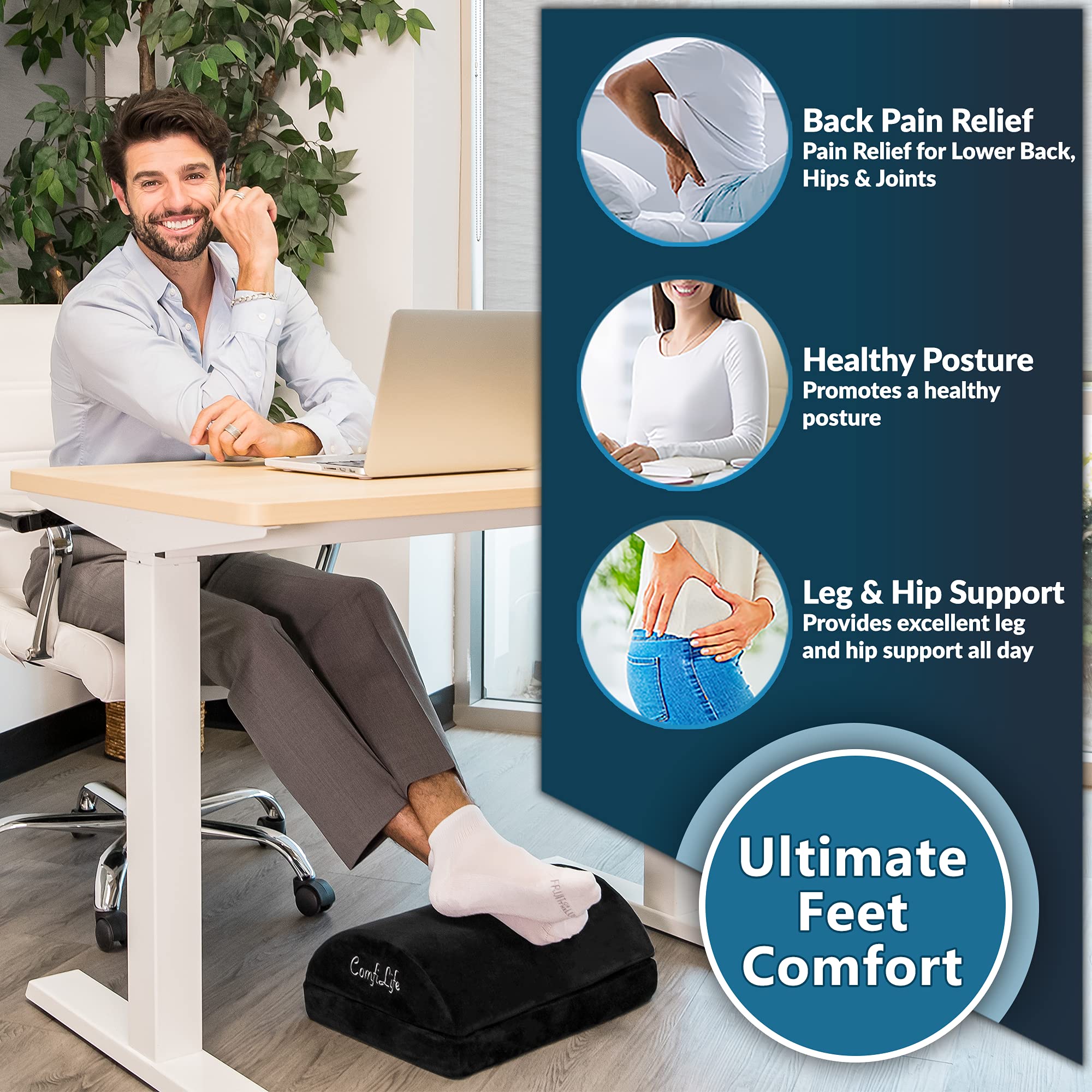 ComfiLife Adjustable Ergonomic Under Desk Foot Rest - Memory Foam Foot Stool for Office & Gaming Chairs - Relieves Back & Hip Pain - Perfect for Home Office, Work from Home & Long Computer Sessions (Black)
