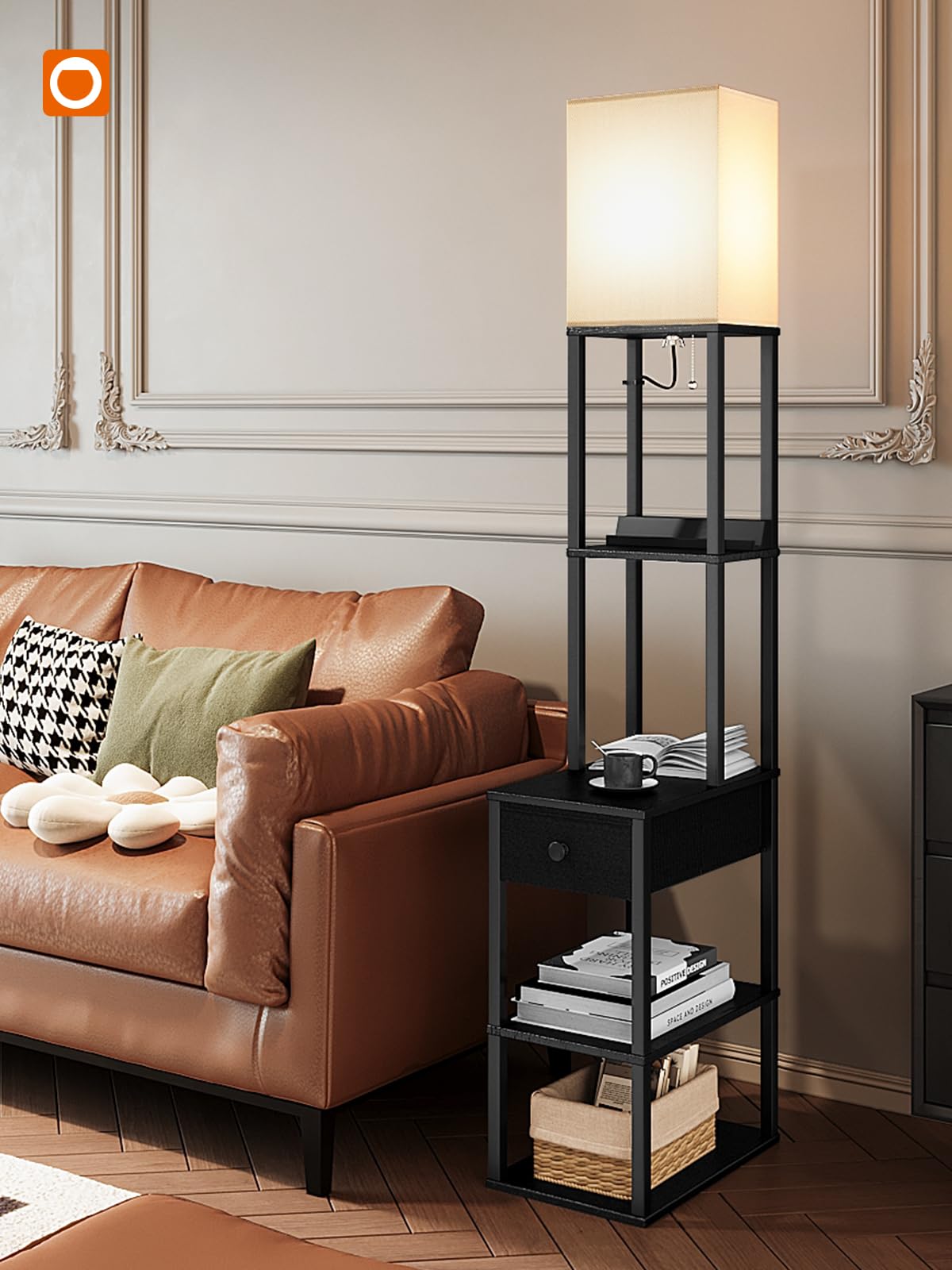 Addlon Modern Floor Lamp with 2 USB Ports, 1 Outlet & Storage Drawer - 3-Way Dimmable LED Bulb (9W) Included - White Fabric Shade & Shelves - Perfect for Living Room, Bedroom, Office Reading & Nightstand Lighting - Black Contemporary Design