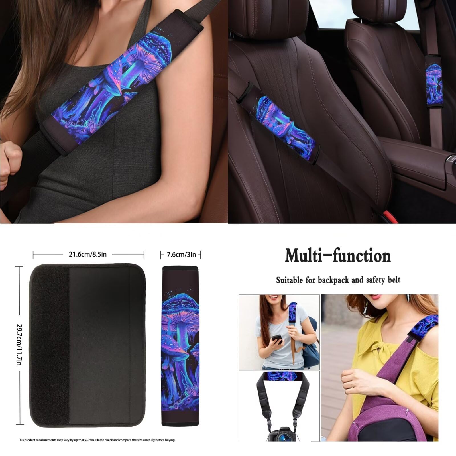 Universal Mushroom Car Seat Cover Set - Front & Rear Bench Bucket Seat Protector with Steering Wheel Cover, Seatbelt Strap Cover, Auto Coasters & Keychains - Trippy Galaxy Purple Blue Design - Perfect for Road Trips & Daily Commute