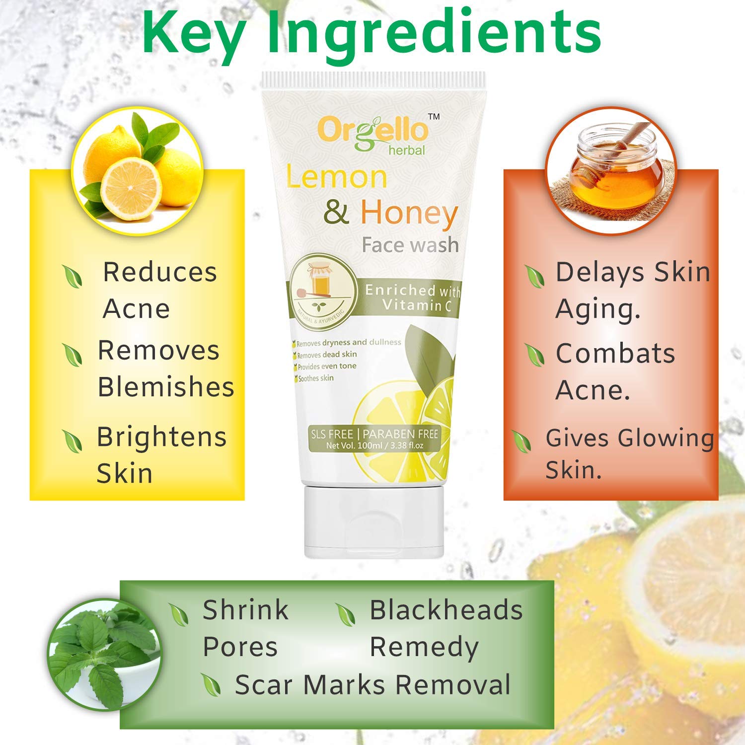 Orgello Herbal Aloe Vera Massage Gel for Face & Body - 100gm Pure Aloe Gel for Acne, Scars & Glowing Skin + Lemon Honey Face Wash (Pack of 2) - Perfect for Daily Skincare Routine & Post-Sun Care
