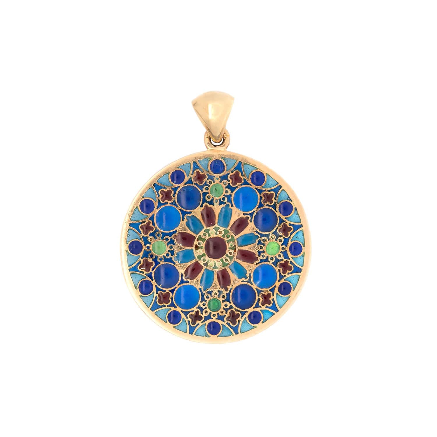 18K Gold French Plique à Jour Disc Pendant Necklace - Vintage Elegant Jewelry for Women, Perfect for Weddings, Parties & Special Occasions