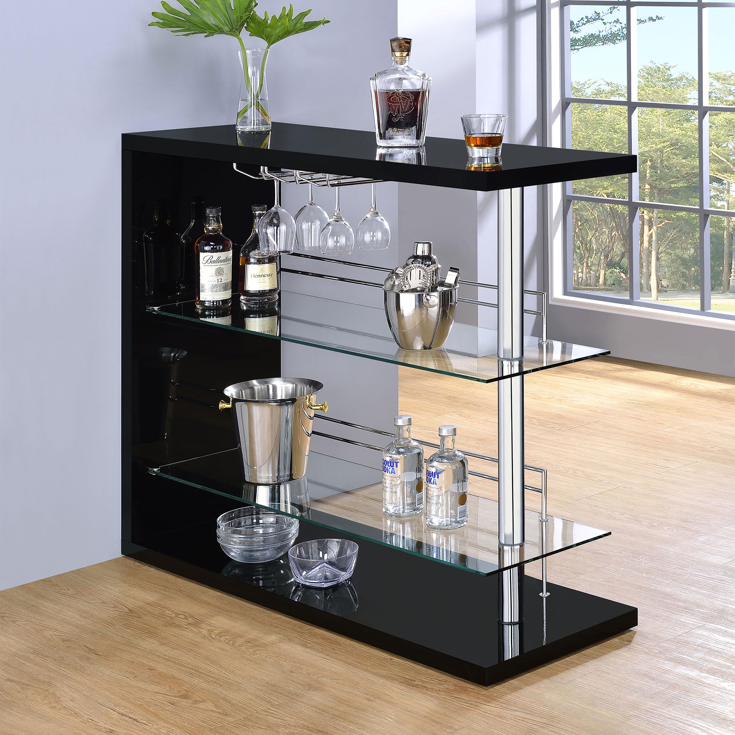 Modern Wine Table & Liquor Cabinet - Coaster Home Furnishings Prescott Rectangular Freestanding Wine Storage with 2 Shelves & Glass Holder, High Gloss Black - Perfect for Dining Room, Bar or Entertainment Area