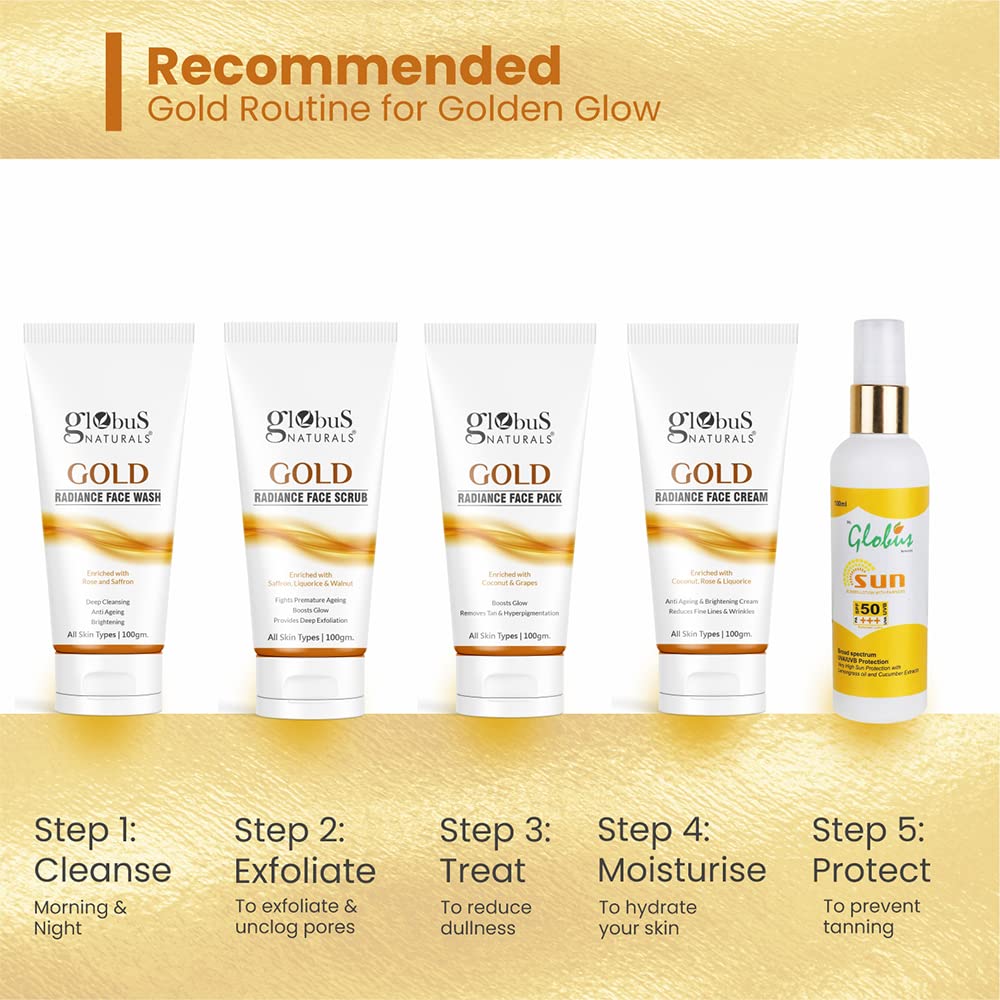 Globus Naturals Gold Radiance Anti-Aging & Brightening Face Wash with Saffron & Rose - 100ml for All Skin Types | Gentle Daily Cleanser for Youthful Glow & Even Skin Tone