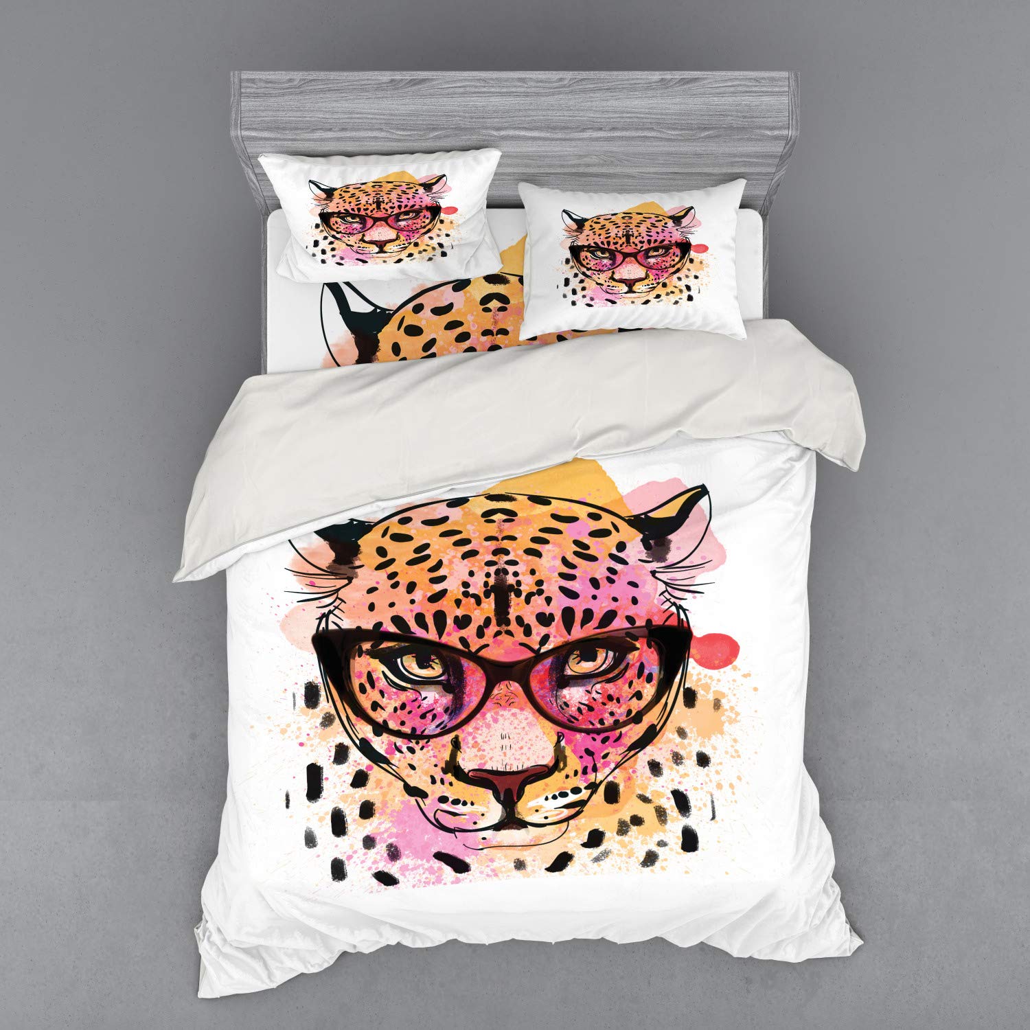 Ambesonne 4-Piece Queen Size Animal Print Duvet Cover Set - Watercolor Leopard with Glasses Art Design, Orange Brown Pink Bedding with Shams & Fitted Sheet | Modern Jungle Theme Bedroom Decor for Kids & Adults