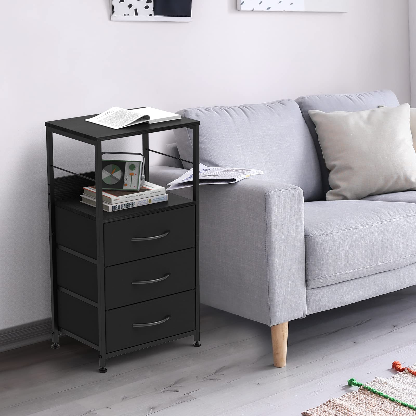 Modern Black Nightstand with 3 Fabric Drawers & Storage Shelf - Tall Bedside Table for Bedroom, Living Room, Office & Study - Perfect for Storing Books, Lamps & Bedroom Essentials