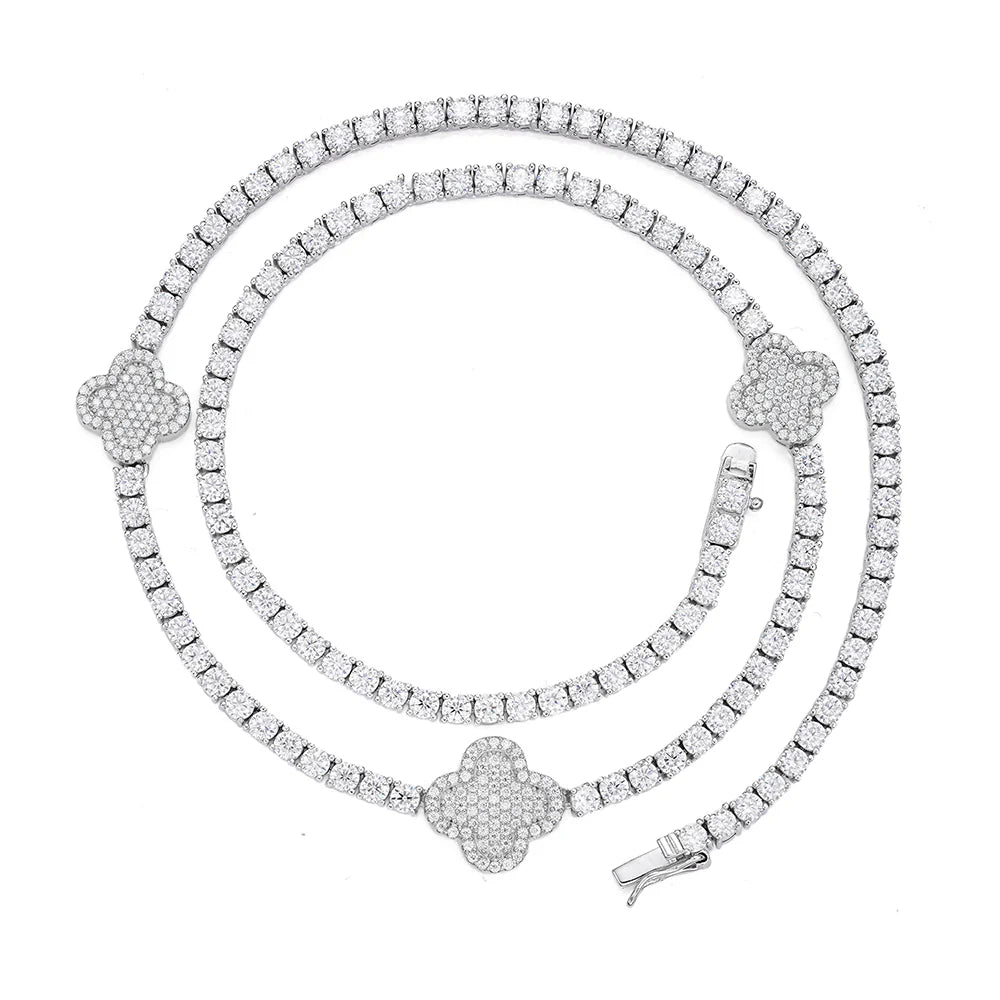 Moissanite Tennis Clover Necklace for Women - 925 Sterling Silver Elegant Jewelry Gift for Anniversary, Valentine's Day & Special Occasions
