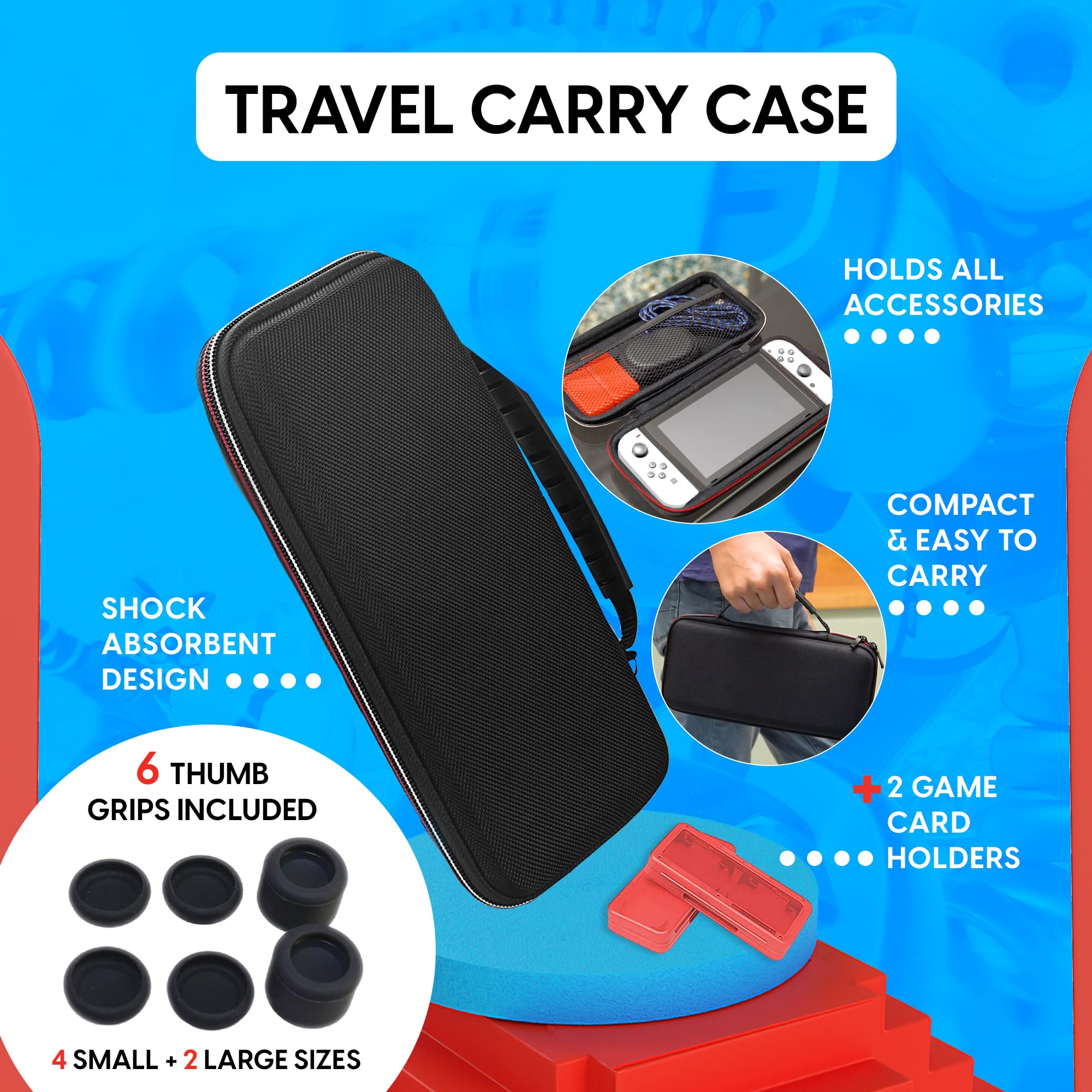 TalkWorks Super Combo Pack for Nintendo Switch OLED - 2 Grips, 2 Wheel Controller Grips, 2 Game Card Holders, 1 Charging Dock, Thumb Grips, USB-C Cable, Universal Stand & Screen Protector | Perfect for Gaming on the Go, Travel & Multiplayer Sessions