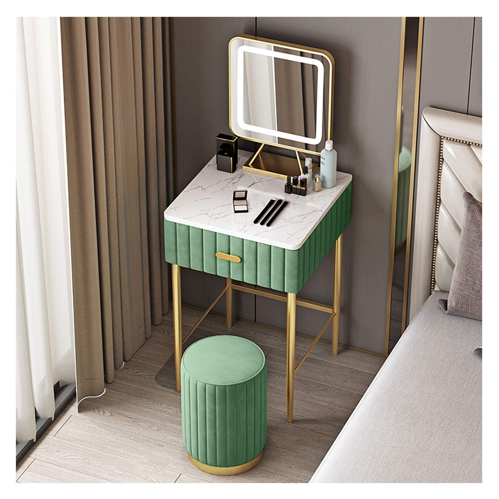 Vanity Makeup Desk with LED Mirror Light, Stool & Drawers - Dressing Table, Bedside Nightstand for Bedroom (Pink/White/Grey/Green) | Perfect for Makeup Application, Jewelry Storage & Small Space Organization