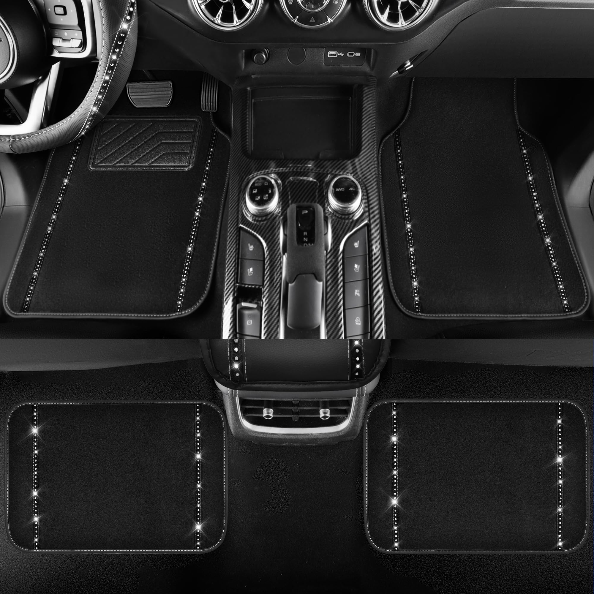 Bling Car Accessories Set for Women - 14 PCS Leather Seat Covers & Rhinestone Steering Wheel Cover | Luxury Car Interior Decor