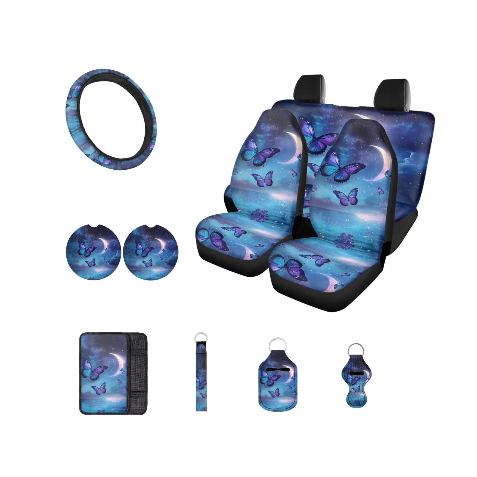 Aesthetic Butterfly Moon Car Seat Covers Set for Women - Steering Wheel Cover, Front & Rear Seat Protectors, Armrest Pad, Coaster & Keychain | Stylish Car Interior Accessories for Daily Commute & Road Trips